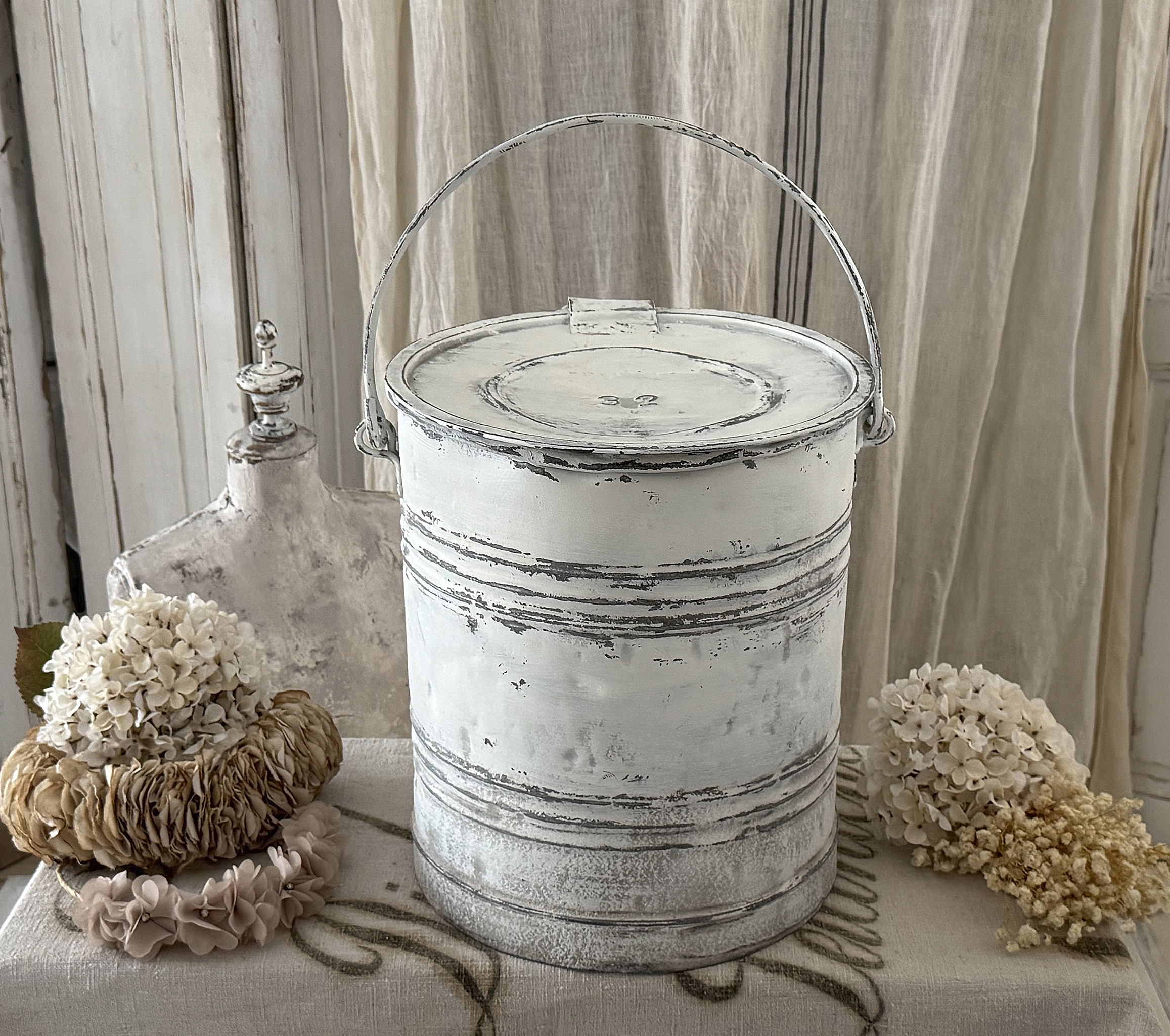 Alter Zinkeimer 32 Liter | Shabby Chic Weiß | Vintage Kohleeimer mit Deckel | Zinktonne***