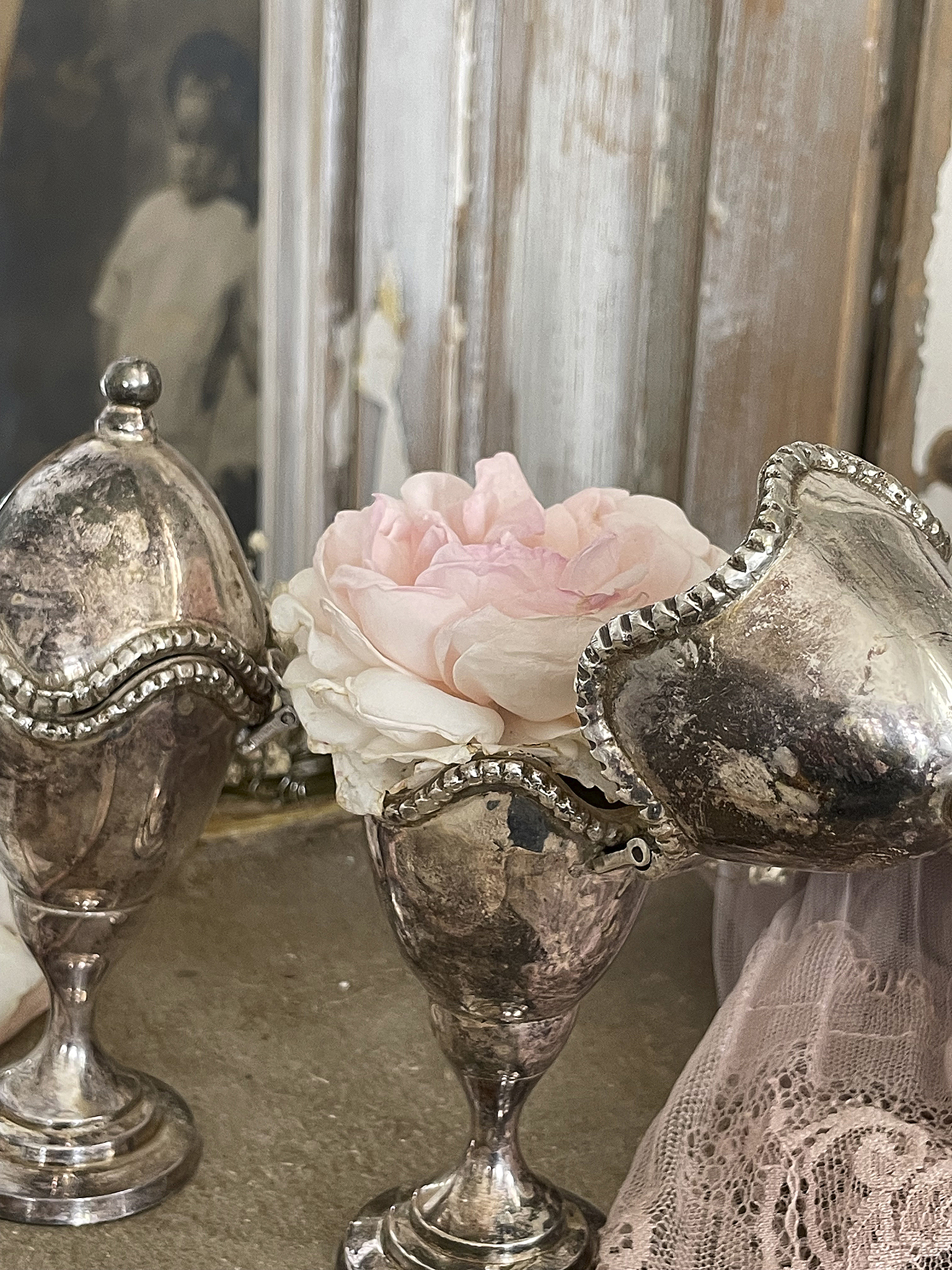 Zarte Blüte in antikem Silberbehälter Antiker Silberbehälter mit rosa Blüte auf einem rustikalen Tisch