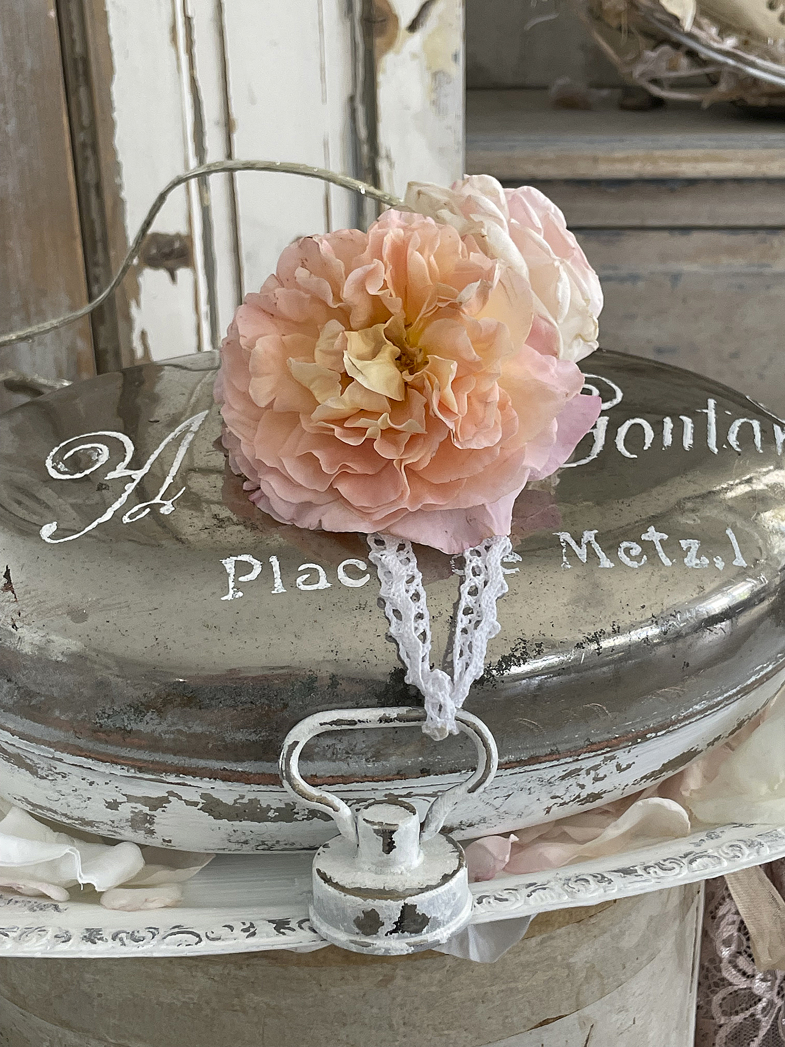 Elegante silberne Dose mit blühender Rosendekoration Silberne Dosen mit einer zarten rosa Blume und Spitze auf einem nostalgischen Hintergrund