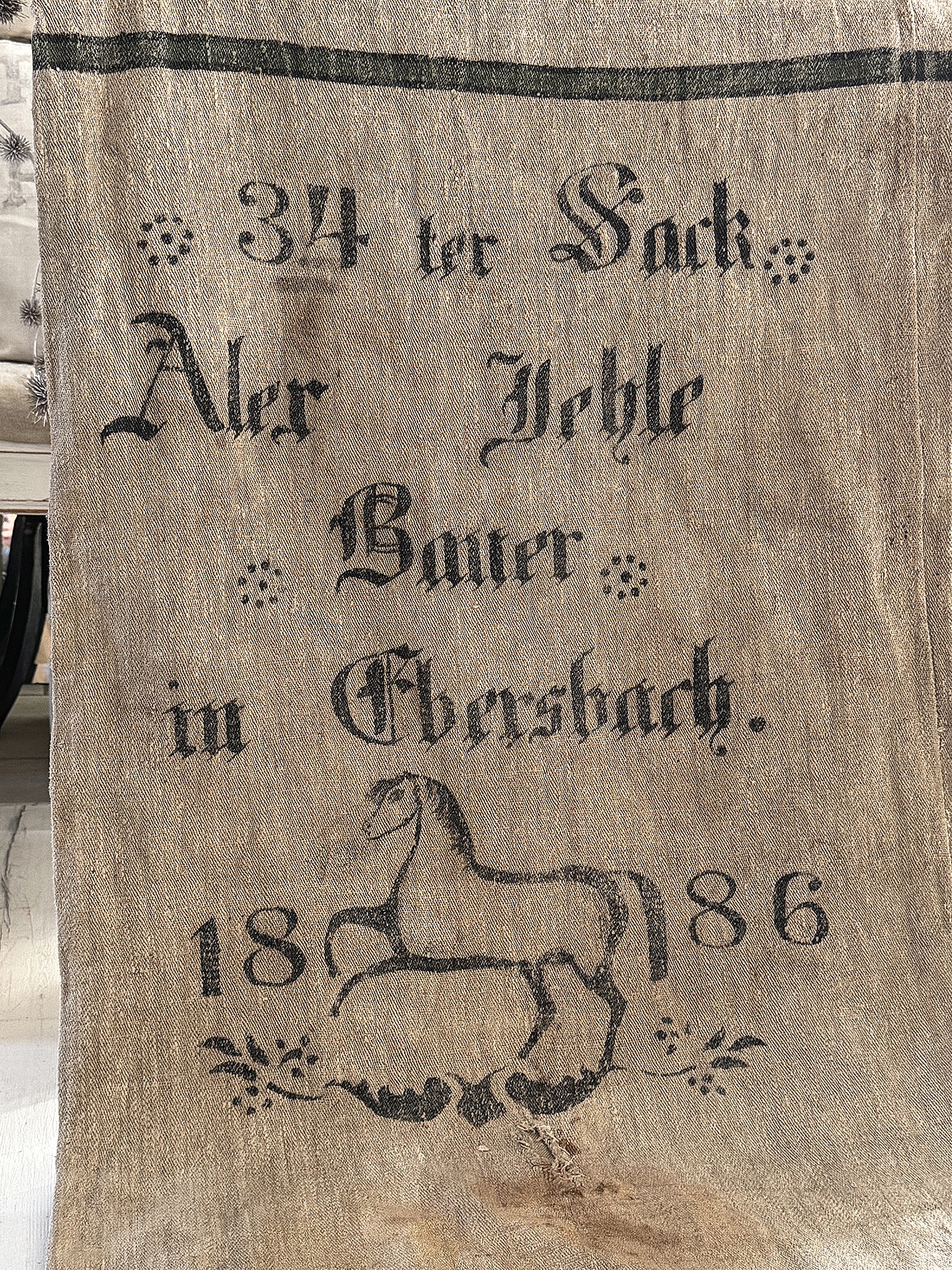 Seltener historischer Leinensack / Getreidesack von 1886 mit galoppierendem Pferd***