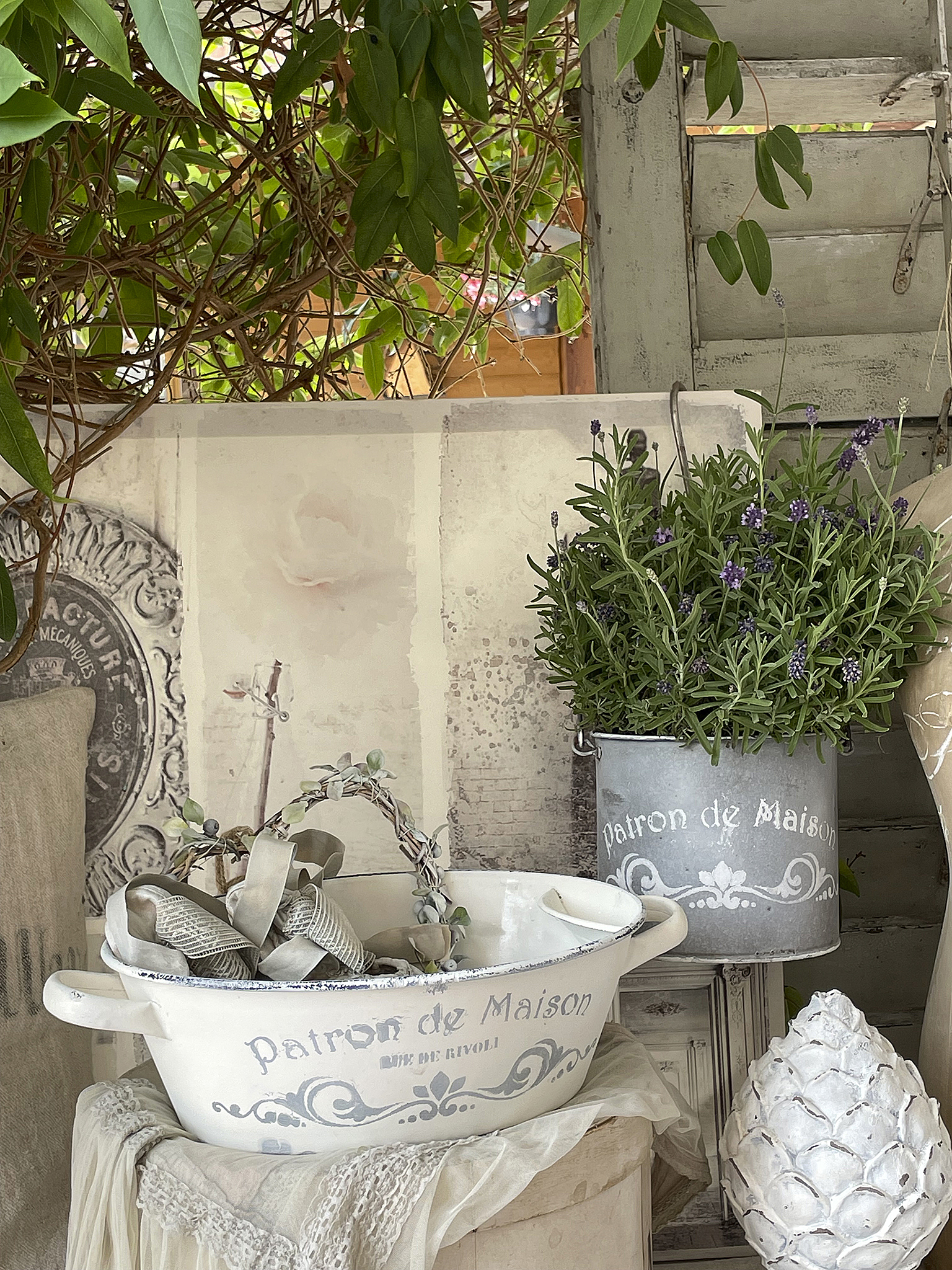 Dekorative Schalen und Pflanzenarrangements aus Landhausstil Weißes Geschirr mit Aufschrift und blühende Pflanzen im Landhausstil