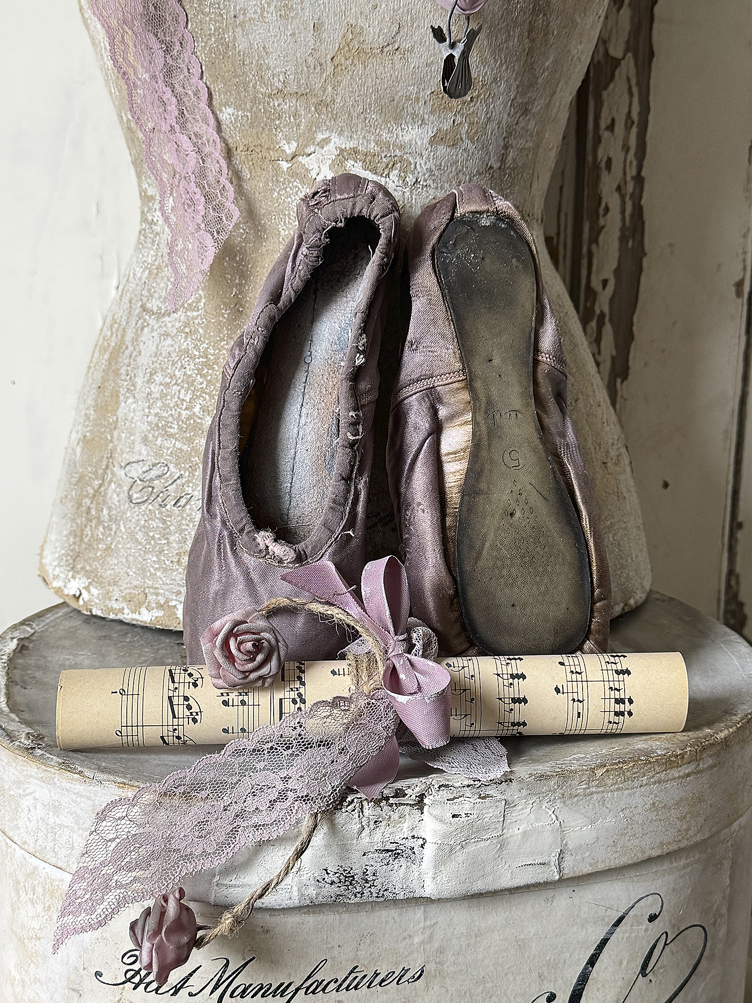 Antike Ballettspitzenschuhe in Malve-Stille Zeugen der Bühne***