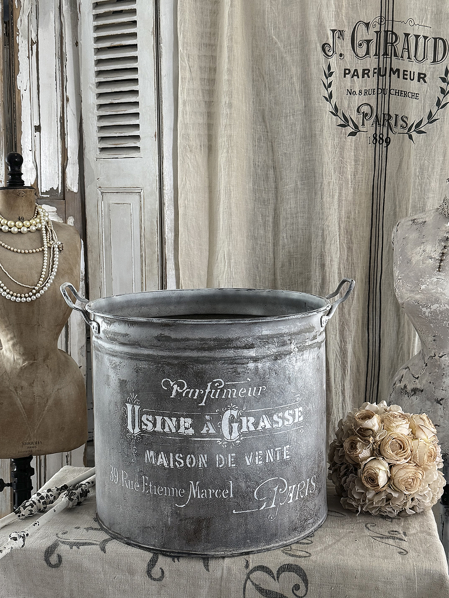 Großer alter Zinktopf (46 Liter) – französischer Vintage-Charme im Shabby-Look***