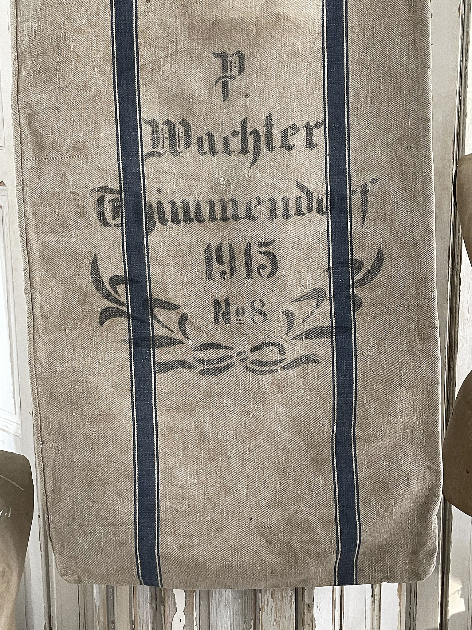 Antiker Leinenbeutel mit der Aufschrift P. Wachter, Thimmendorf, 1915, Nr. 8.
