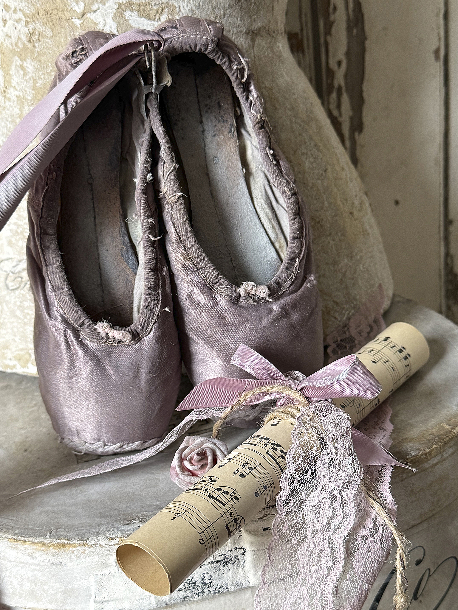 Antike Ballettspitzenschuhe in Malve-Stille Zeugen der Bühne***