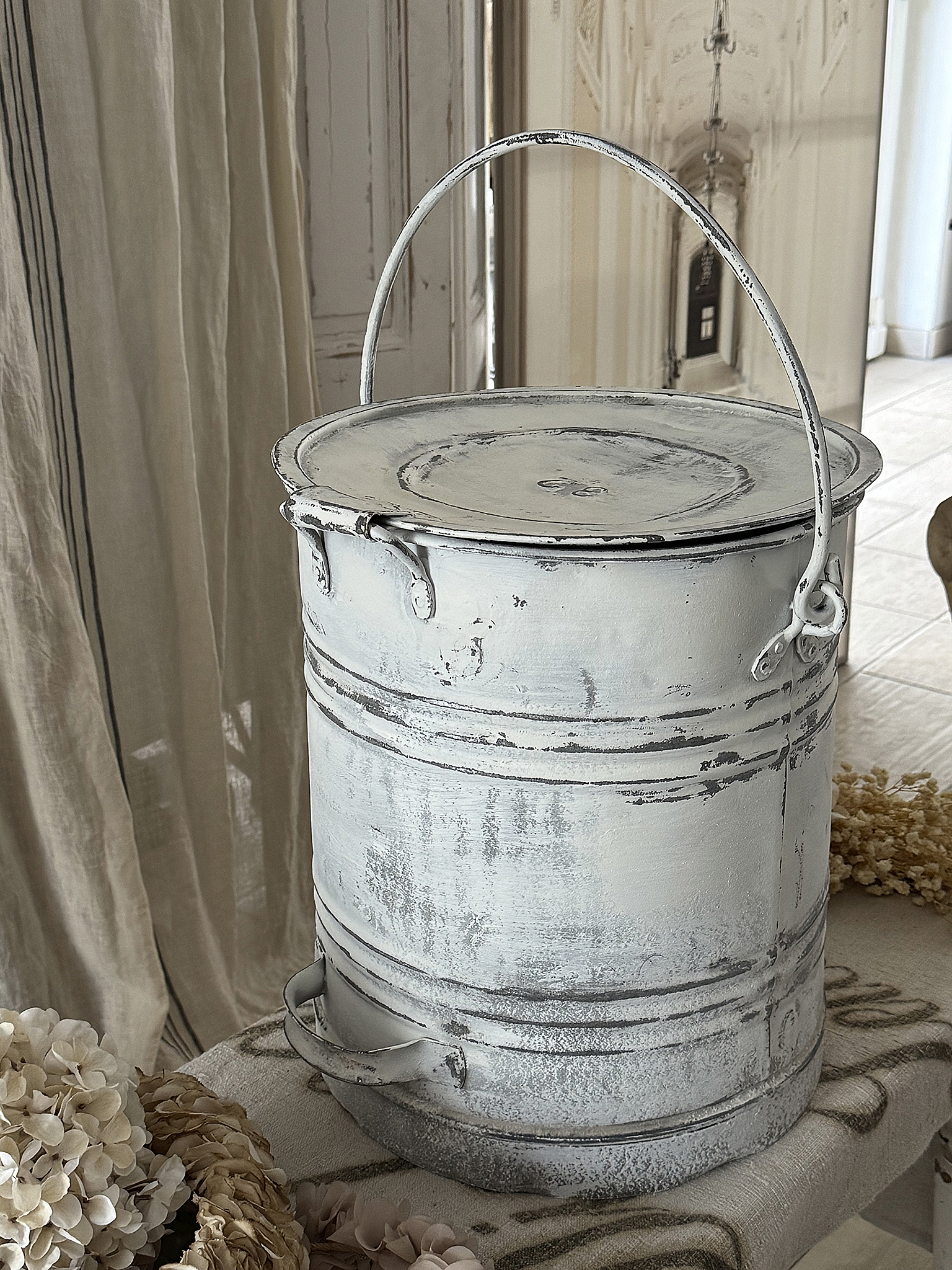 Alter Zinkeimer 32 Liter | Shabby Chic Weiß | Vintage Kohleeimer mit Deckel | Zinktonne***