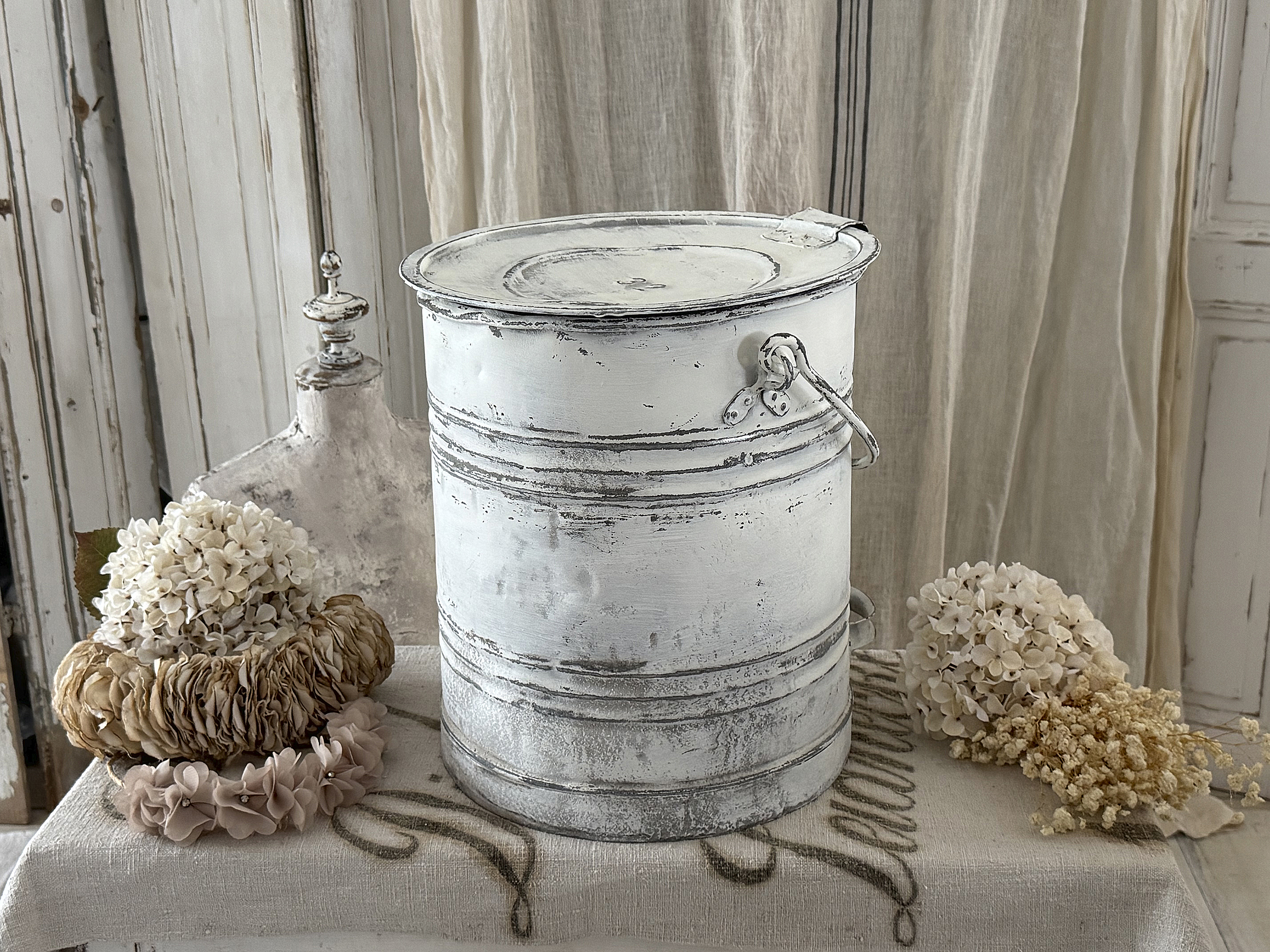 Alter Zinkeimer 32 Liter | Shabby Chic Weiß | Vintage Kohleeimer mit Deckel | Zinktonne***