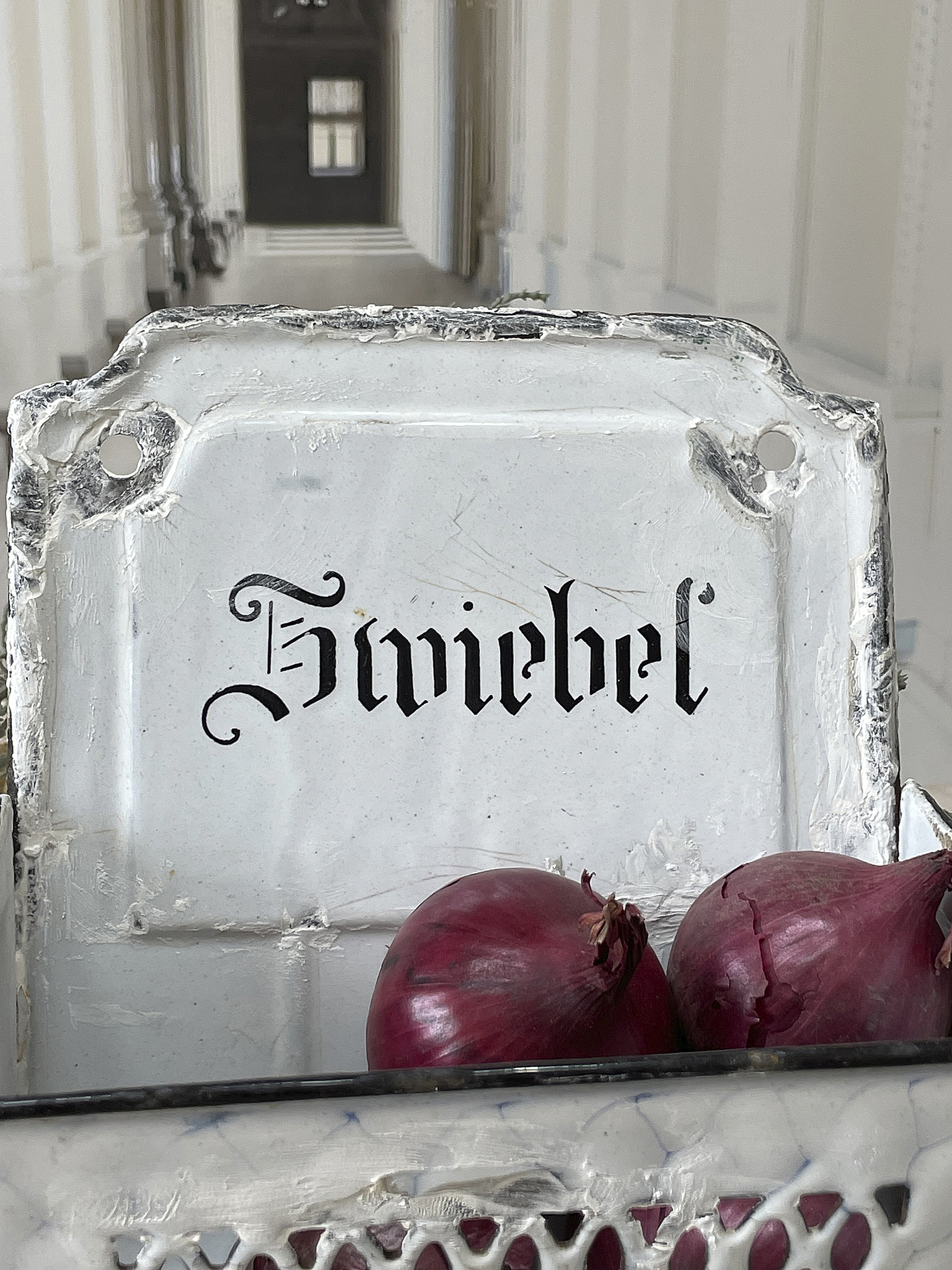 Schöne weiße Zwiebel-Aufbewahrung aus Keramik mit roten Zwiebeln Keramikbehälter mit der Aufschrift Zwiebel und roten Zwiebeln darin