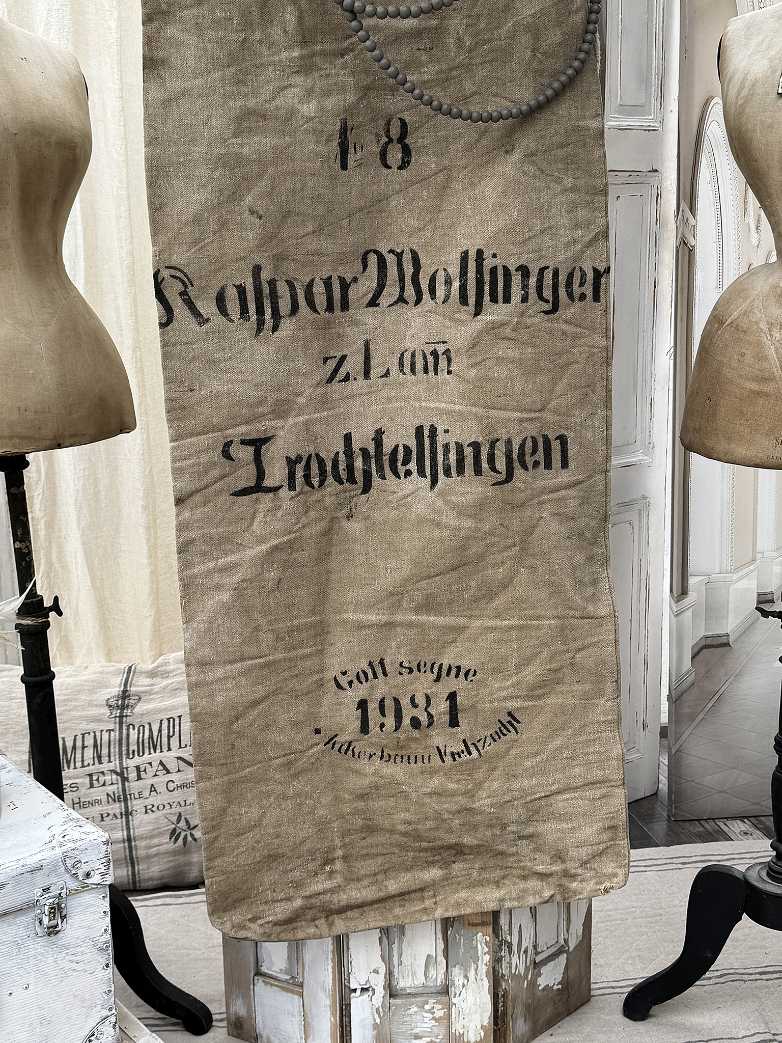 Vintage Leinenbeutel mit Aufschrift aus dem Jahr 1931 Historischer Leinenbeutel mit dem Namen 'Kaspar Wolfinger' und dem Jahr 1931.