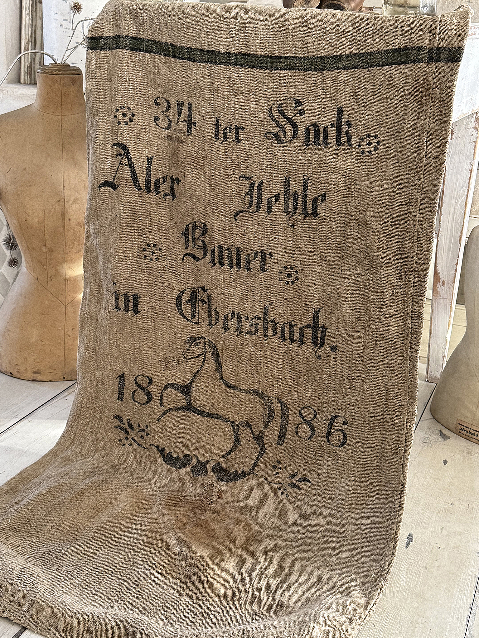 Seltener historischer Leinensack / Getreidesack von 1886 mit galoppierendem Pferd***