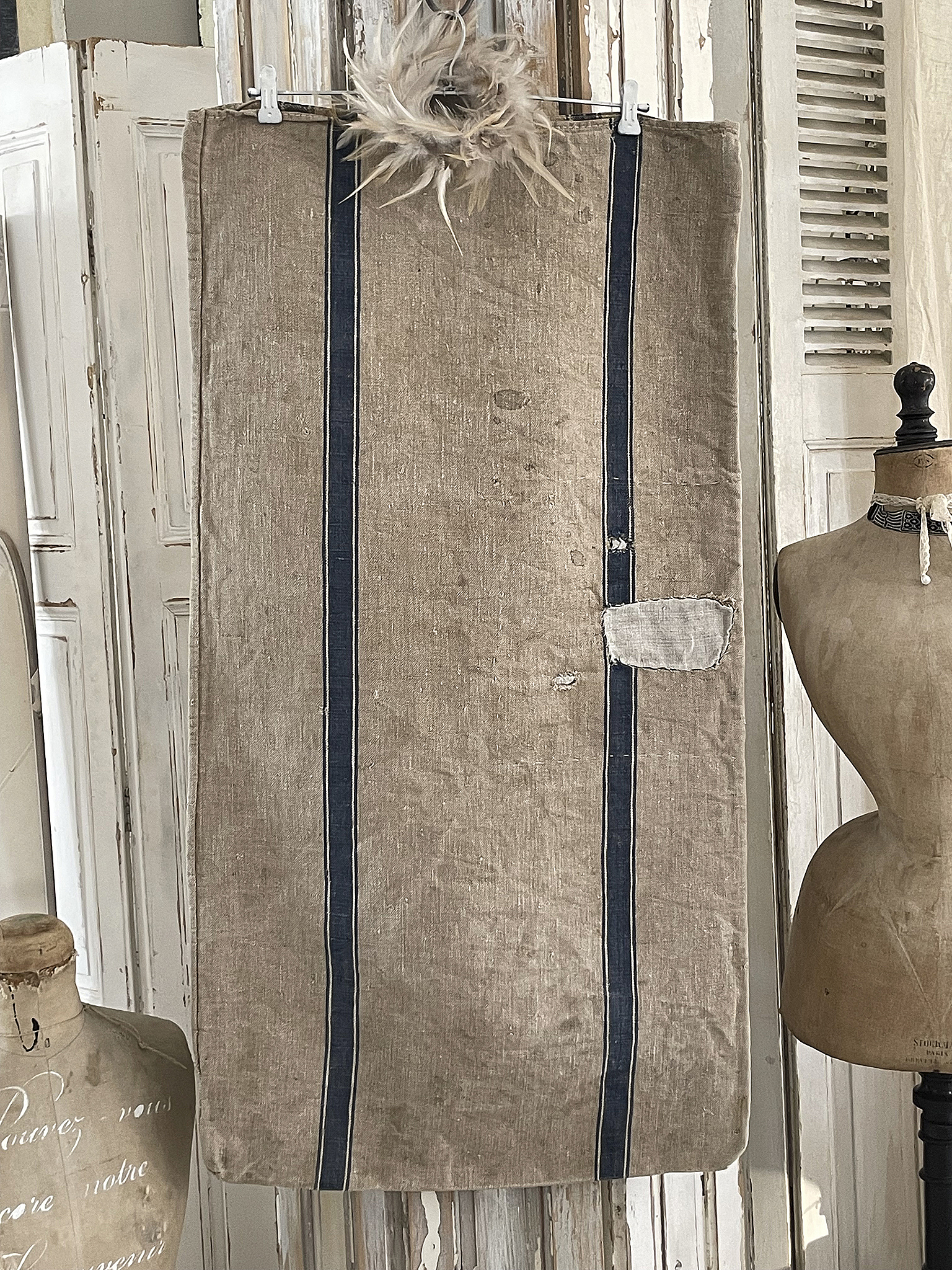 Leinen Tasche mit blauen Streifen und Vintage-Details