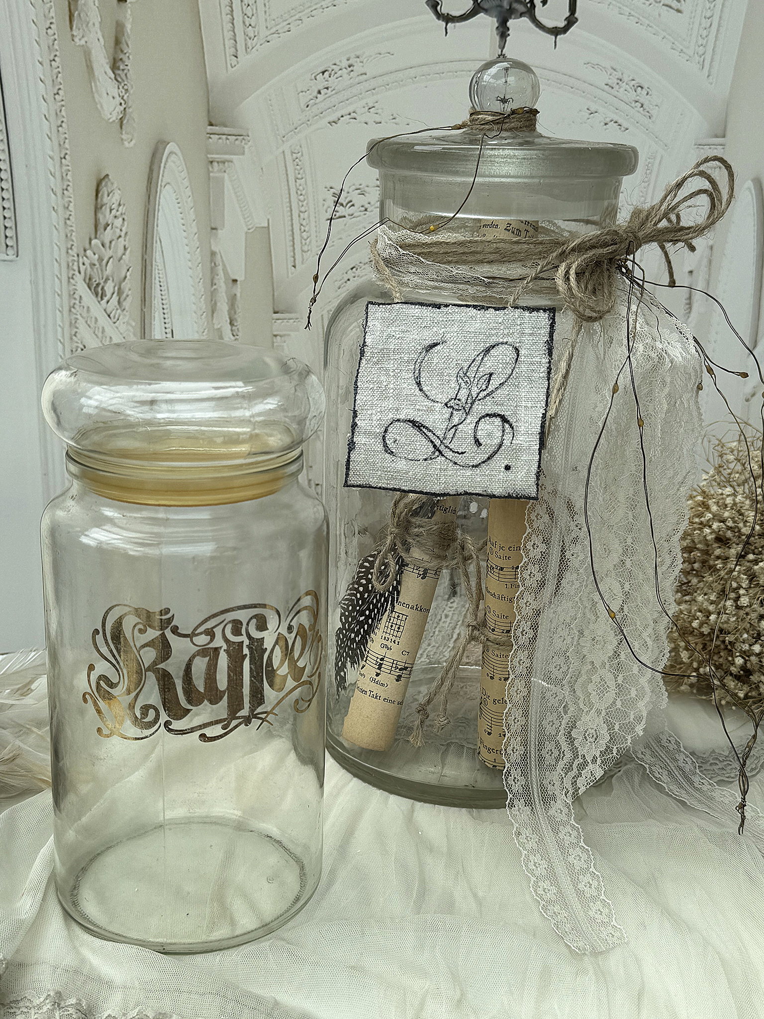 Vintage Duo Kaffeeglas & Bonbonglas – Shabby Chic Vorratsgläser mit Deko***
