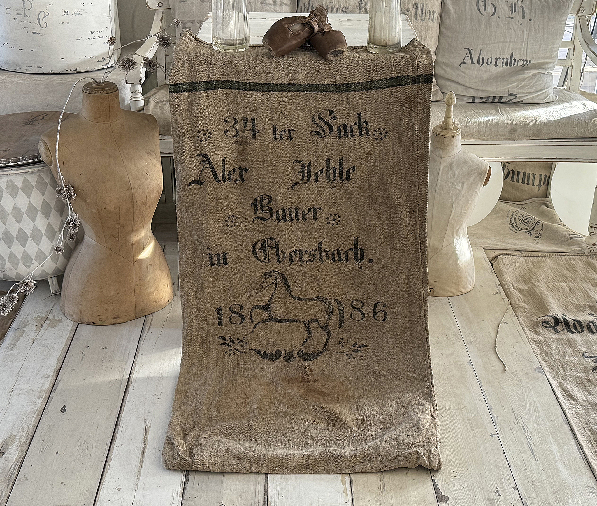 Seltener historischer Leinensack / Getreidesack von 1886 mit galoppierendem Pferd***