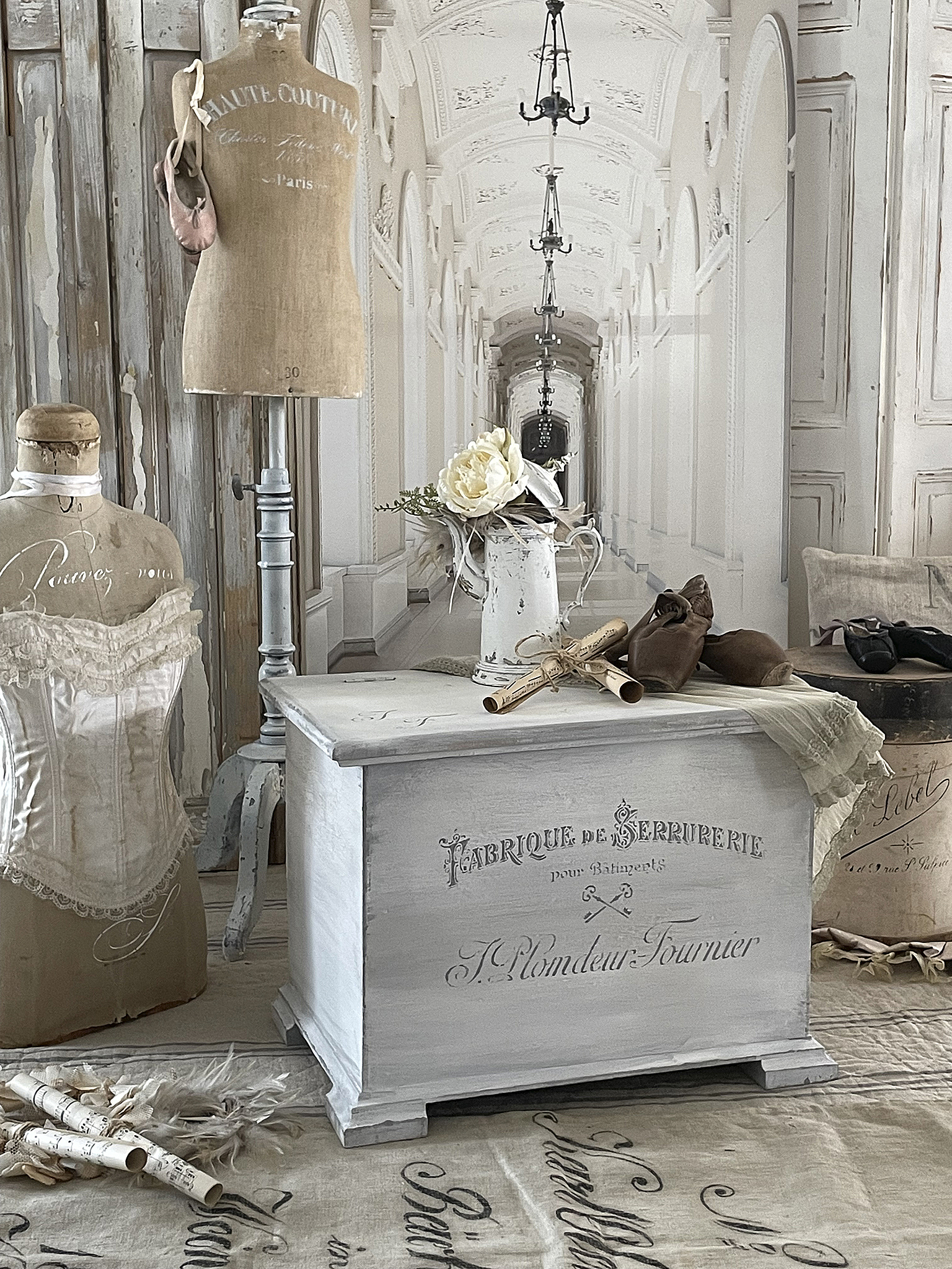 Vintage Aufbewahrungstruhe mit elegantem Design Schöne Vintage Aufbewahrungstruhe in einem stilvollen Interieur mit Mannequins und Dekoration