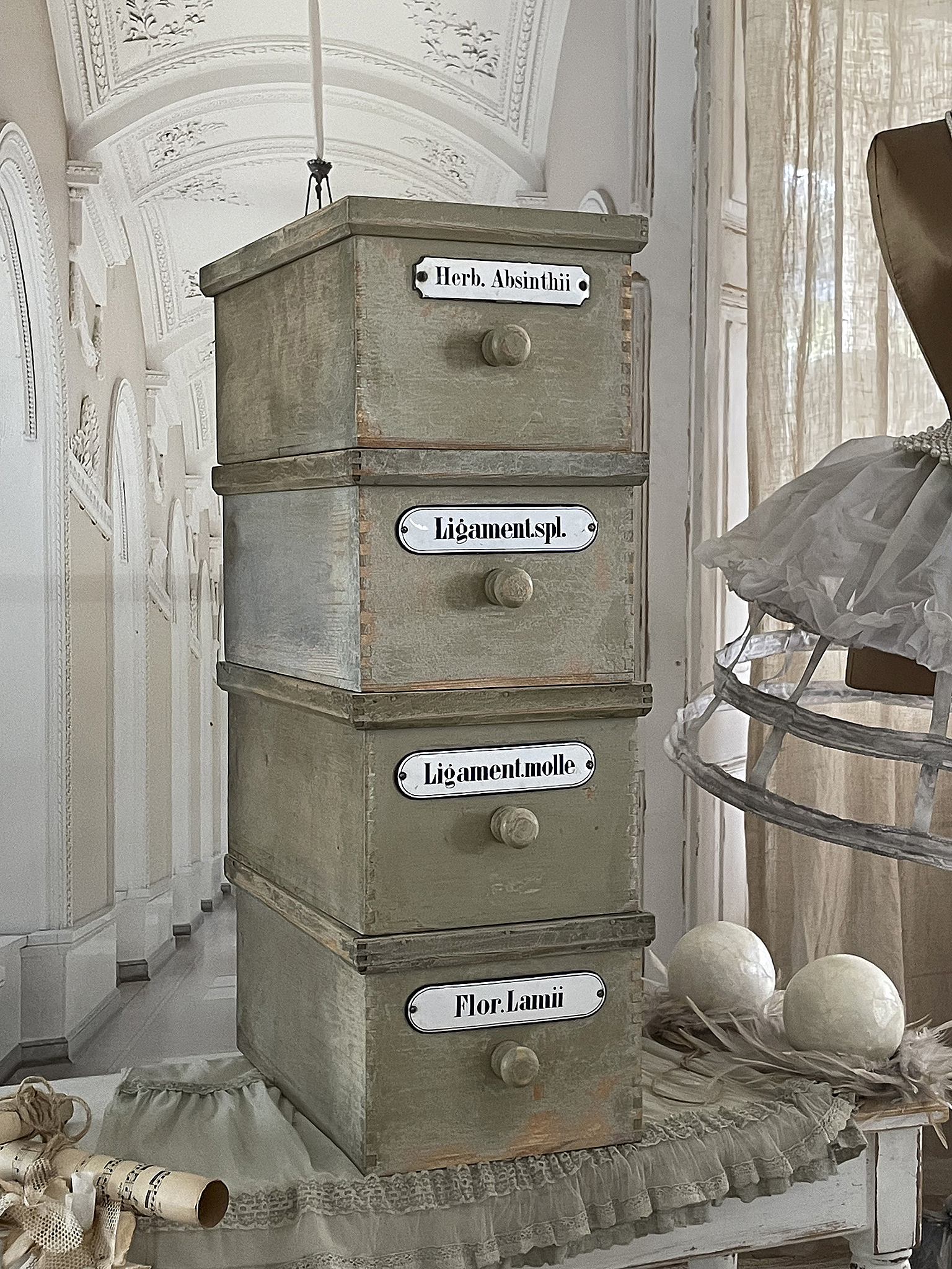 Antiker Apothekerschrank mit beschrifteten Schubladen Antiker Schrank mit Schubladen, beschriftet mit Herb. Absinthii, Ligament spl., Ligament molle und Flor. Lamii