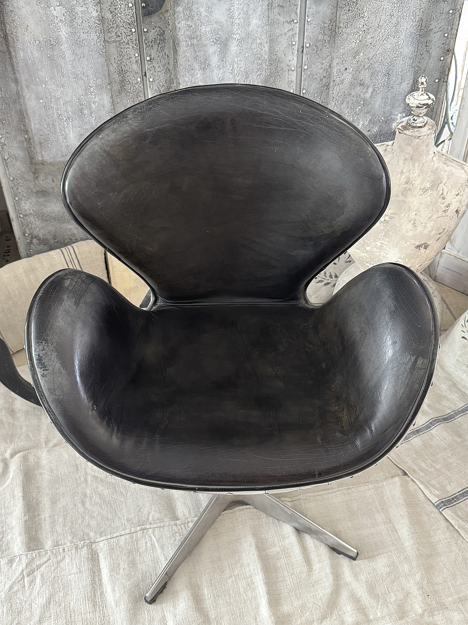Luxus Art-Déco Schreibtischstuhl aus Echtleder & Aluminium im Air-Wing-Design***