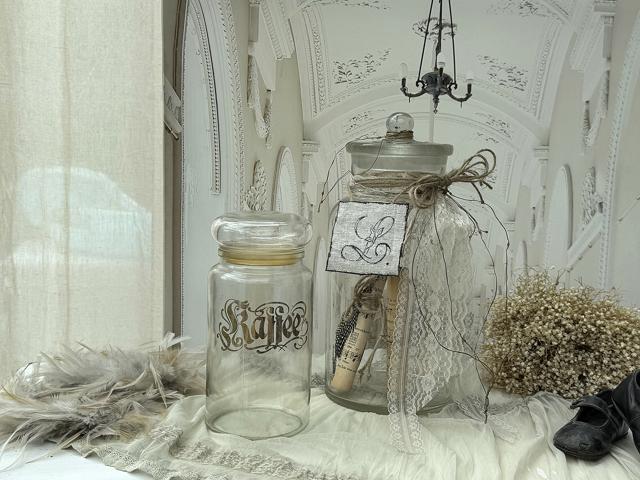 Vintage Duo Kaffeeglas & Bonbonglas – Shabby Chic Vorratsgläser mit Deko***