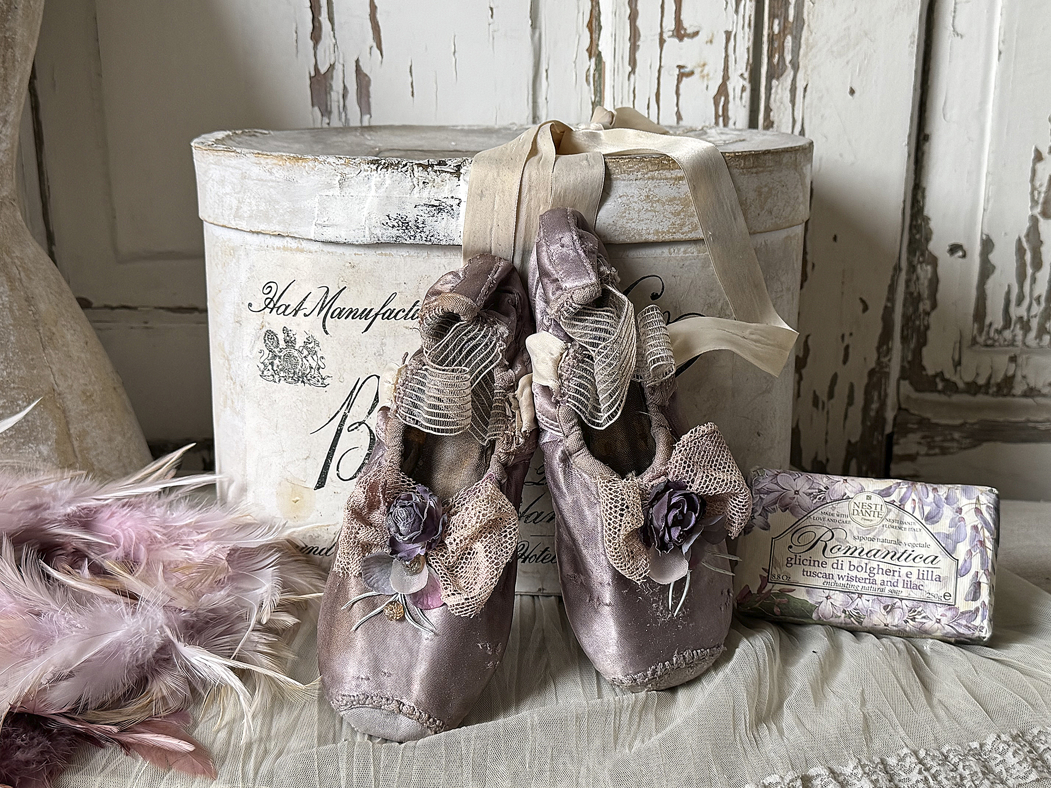 Alte Ballettspitzenschuhe im Malveton- Getanzte Erinnerung 2***