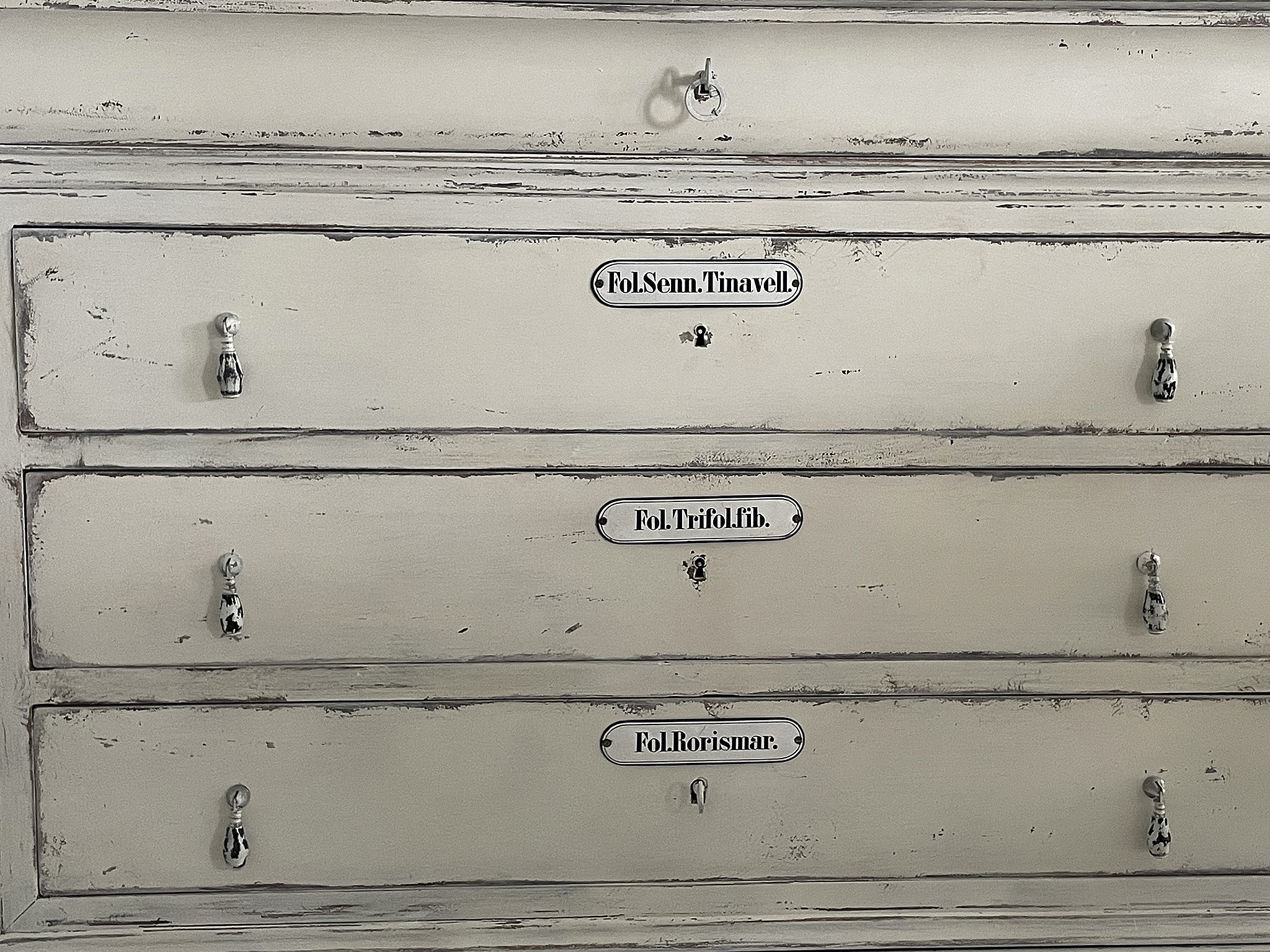 Nahaufnahme einer Vintage-Kommode mit drei beschrifteten Schubladen und stilvollen Griffen