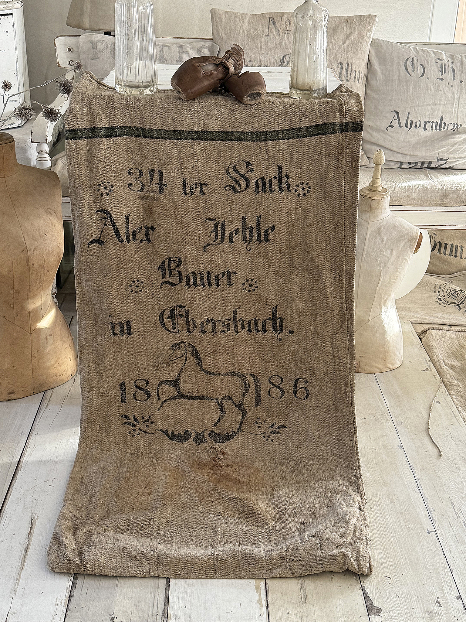 Seltener historischer Leinensack / Getreidesack von 1886 mit galoppierendem Pferd***