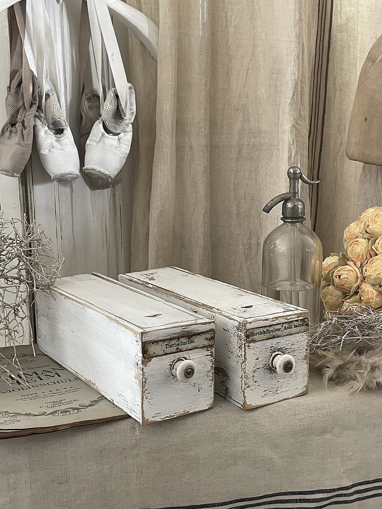 Duo alte Apothekerschubladen mit Schiebedeckel***