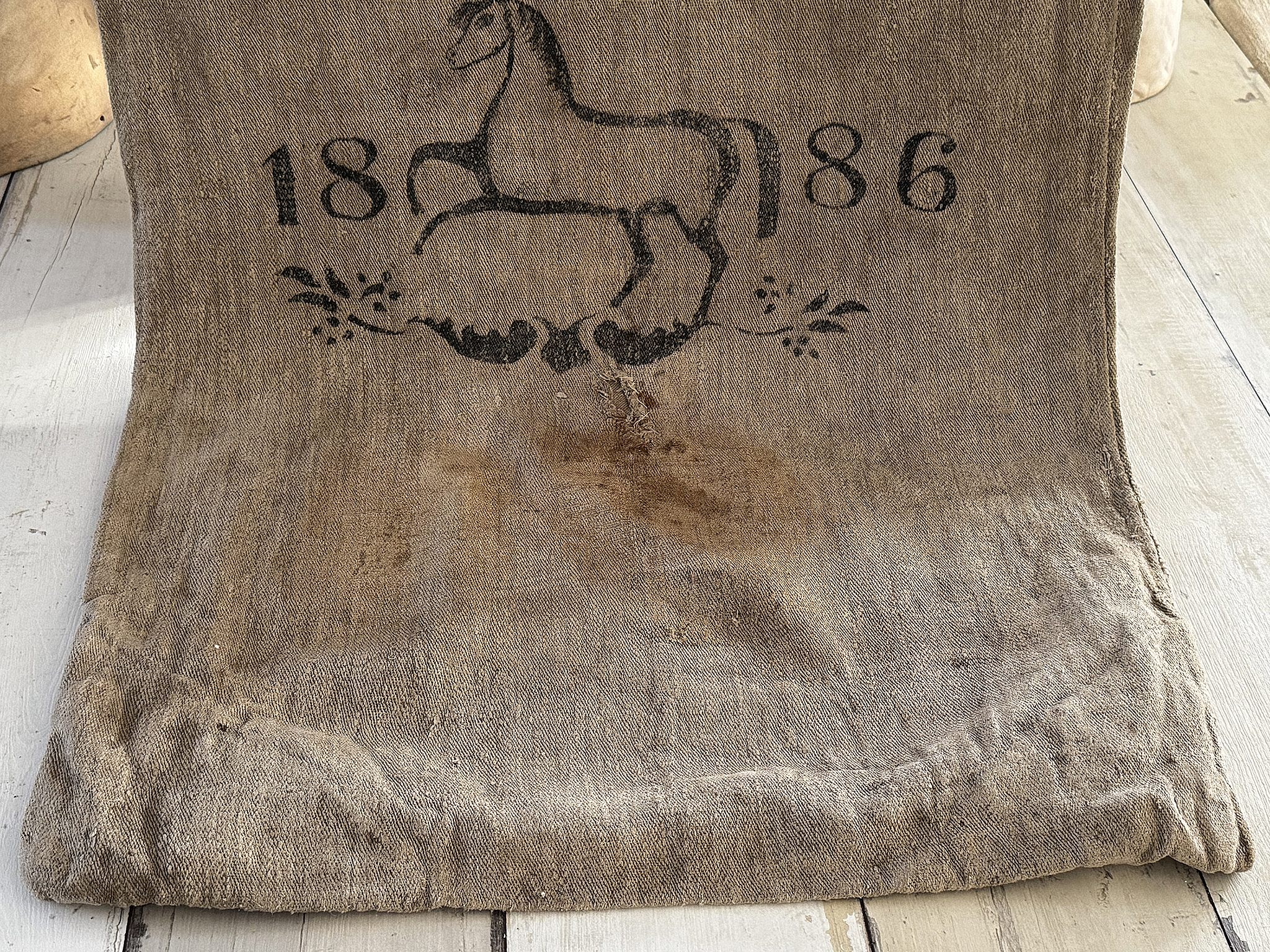 Seltener historischer Leinensack / Getreidesack von 1886 mit galoppierendem Pferd***