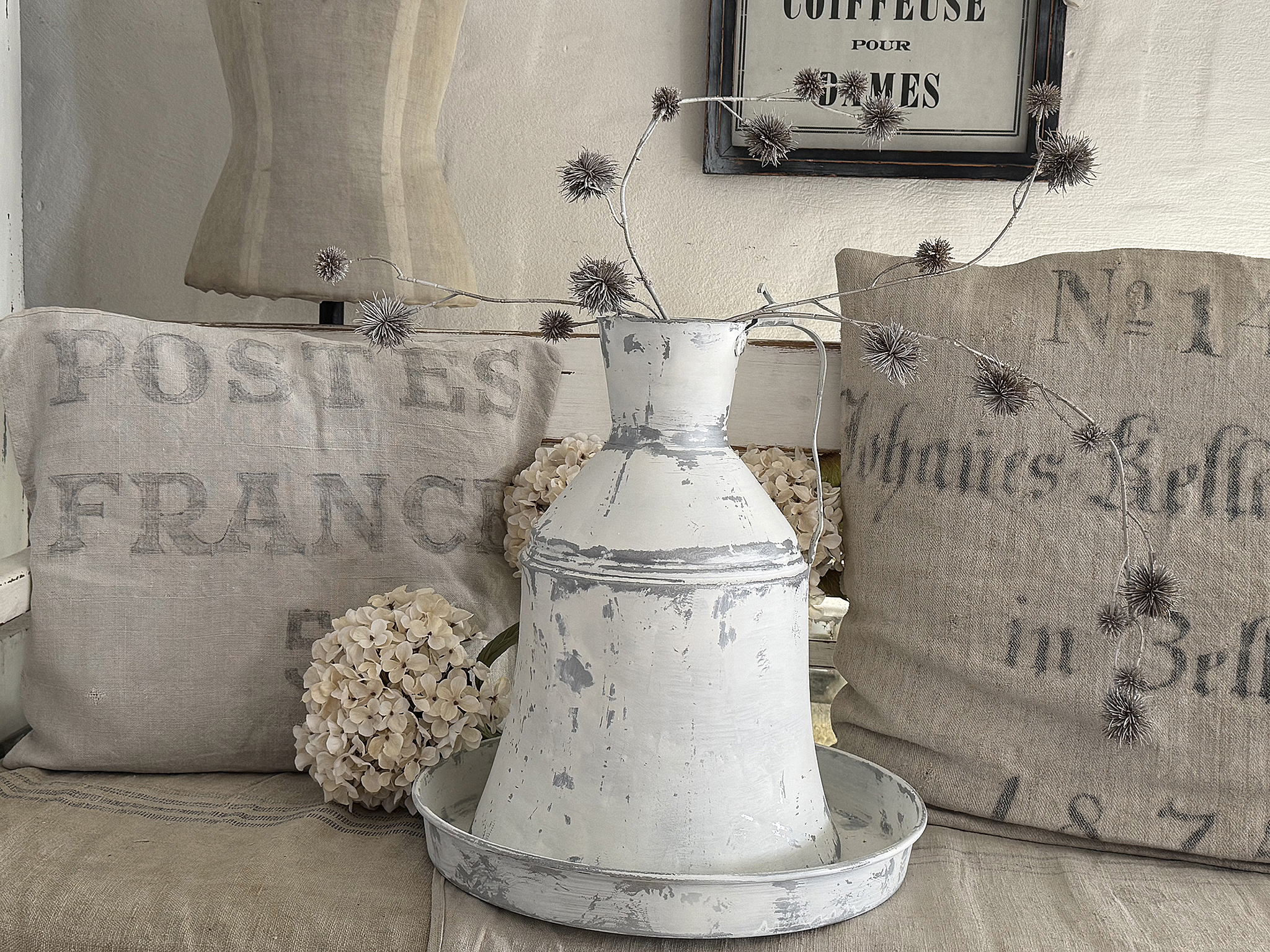 Alte Zinkblechkanne mit Unterschale – ein charmantes Vintage-Duo im Shabbykleid***