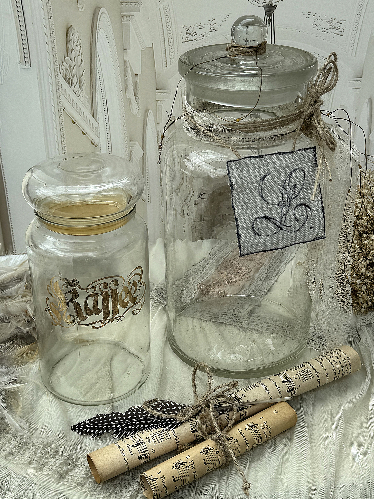 Vintage Duo Kaffeeglas & Bonbonglas – Shabby Chic Vorratsgläser mit Deko***