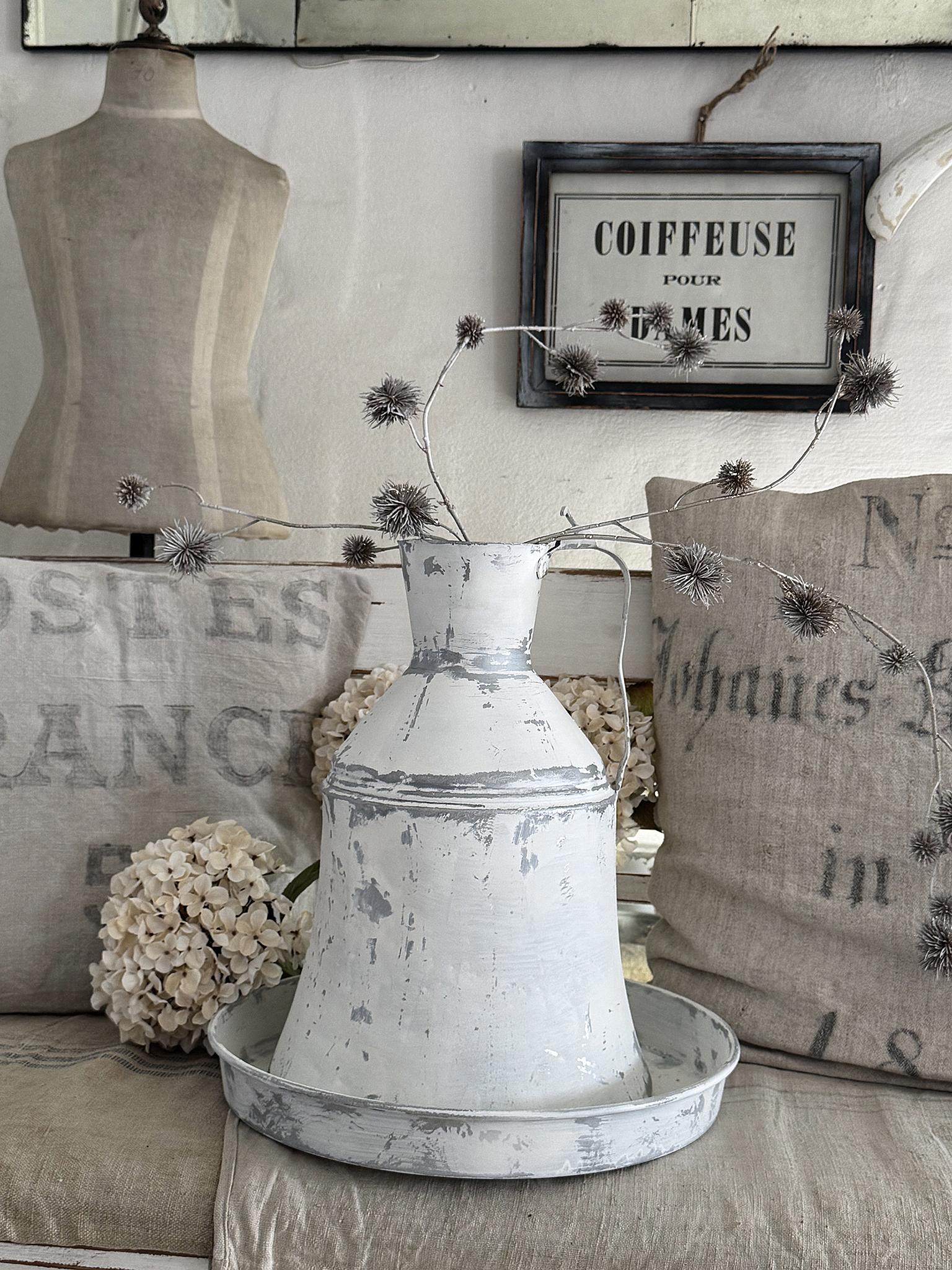 Alte Zinkblechkanne mit Unterschale – ein charmantes Vintage-Duo im Shabbykleid***