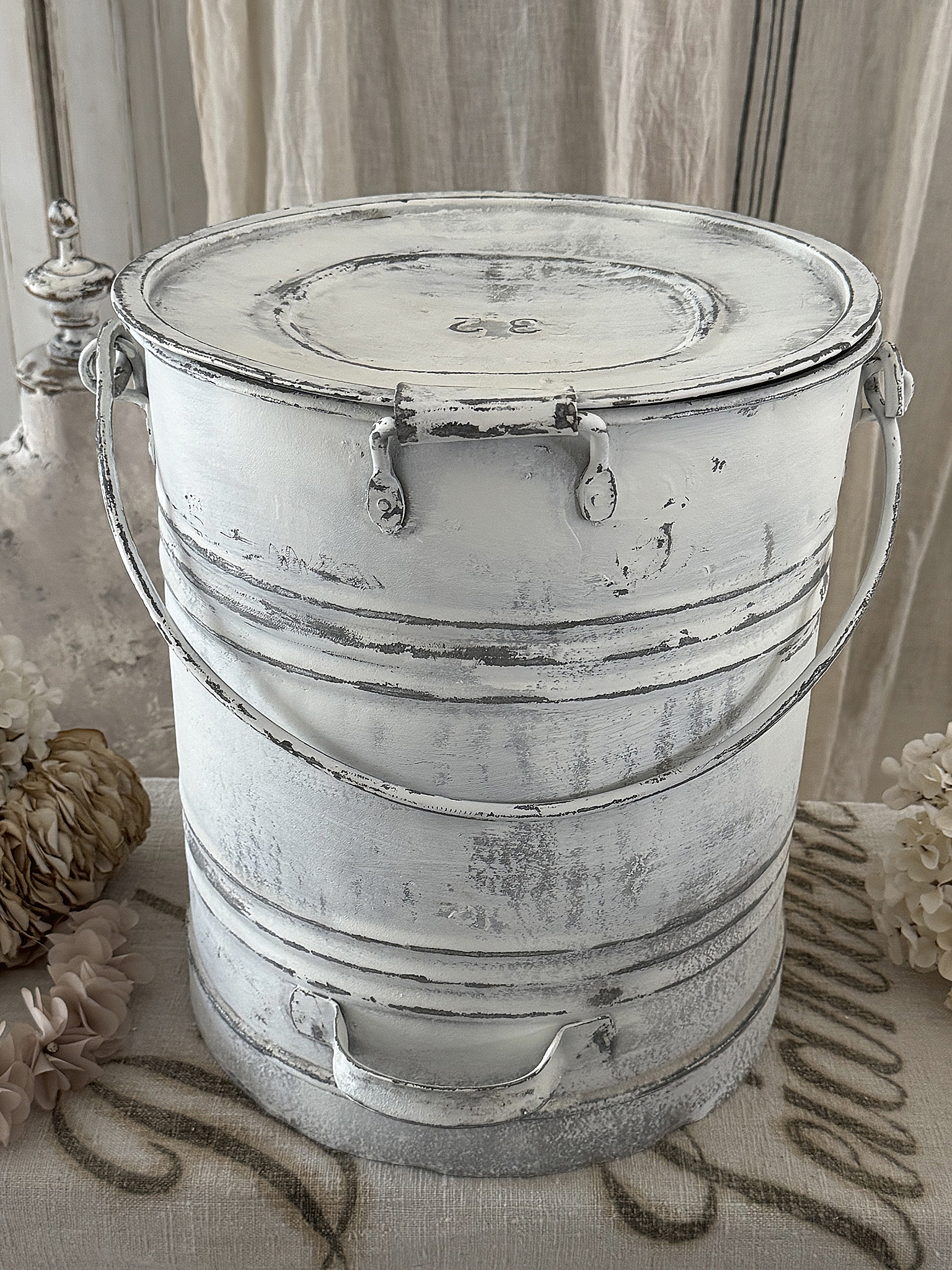 Alter Zinkeimer 32 Liter | Shabby Chic Weiß | Vintage Kohleeimer mit Deckel | Zinktonne***