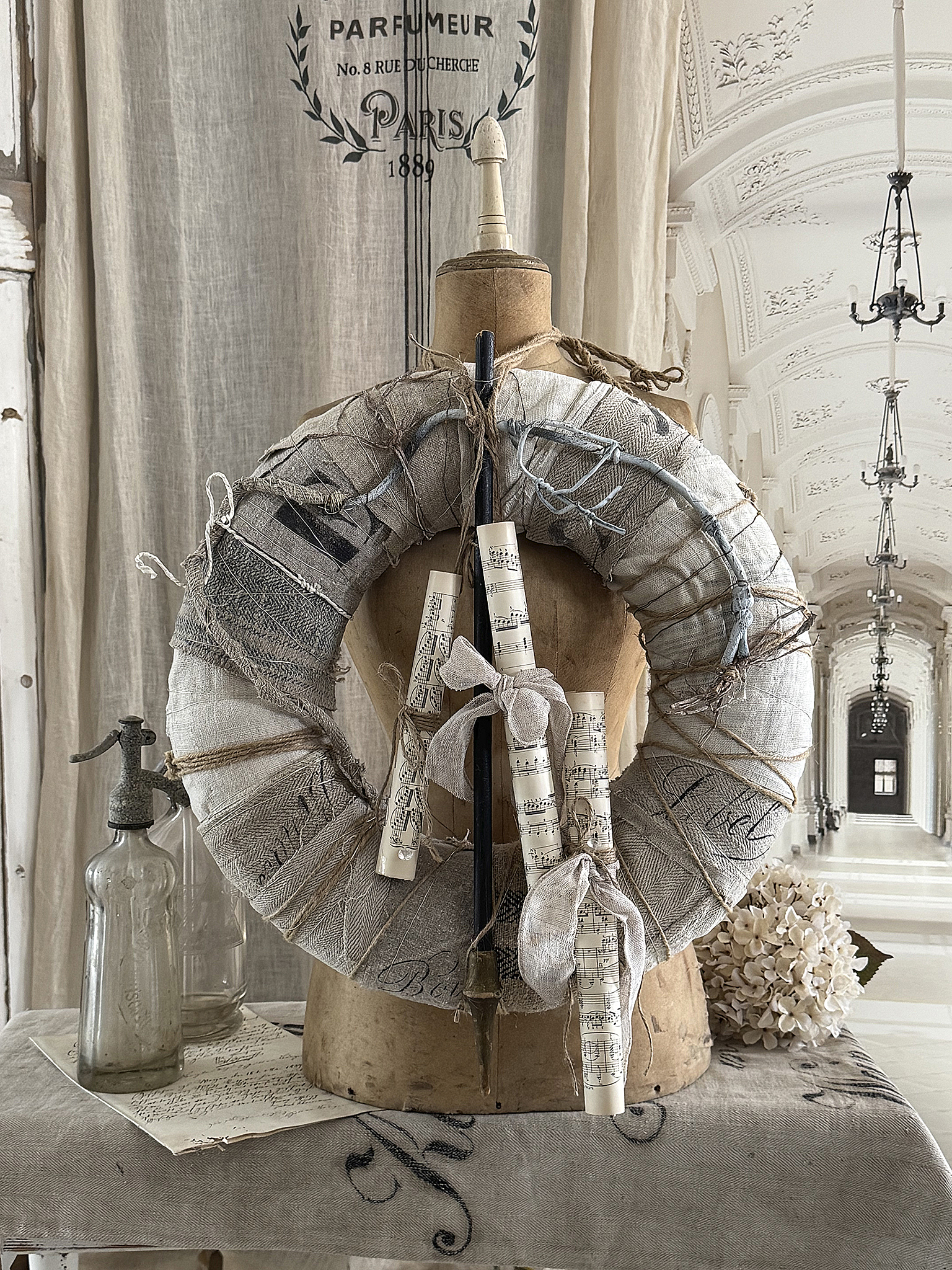 Großer Vintage-Kranz aus altem Leinen – handgefertigte Dekoration mit Charakter***