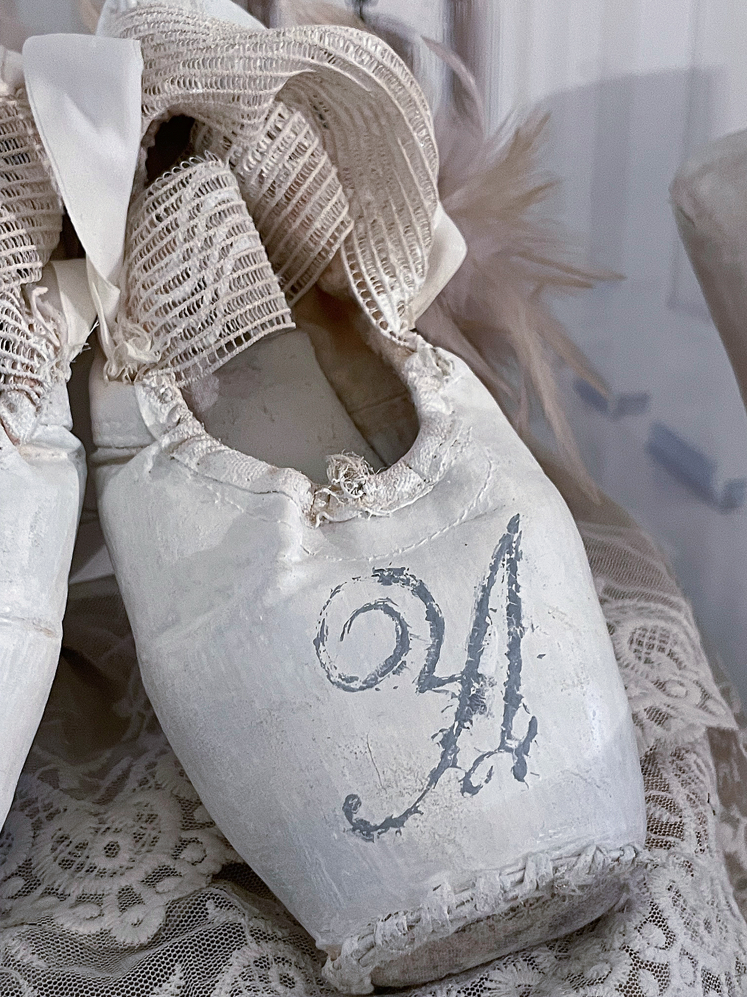 Ballettschuhe mit feinen Bändern und Schnürung Weiße Ballettschuhe auf Spitze mit elegantem Design und verzierten Bändern