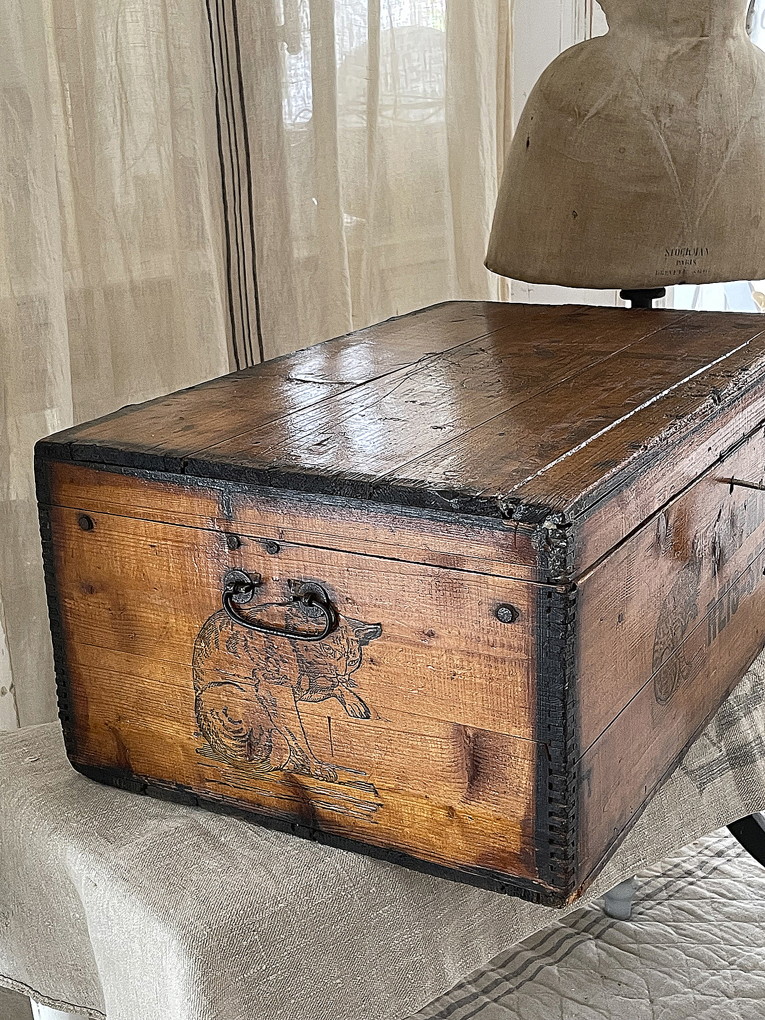 Antike Holztruhe mit Katzenmotiv Detailansicht einer klassischen Holztruhe mit einem eingravierten Katzenmotiv, auf einem Tisch in einem stilvollen Raum.