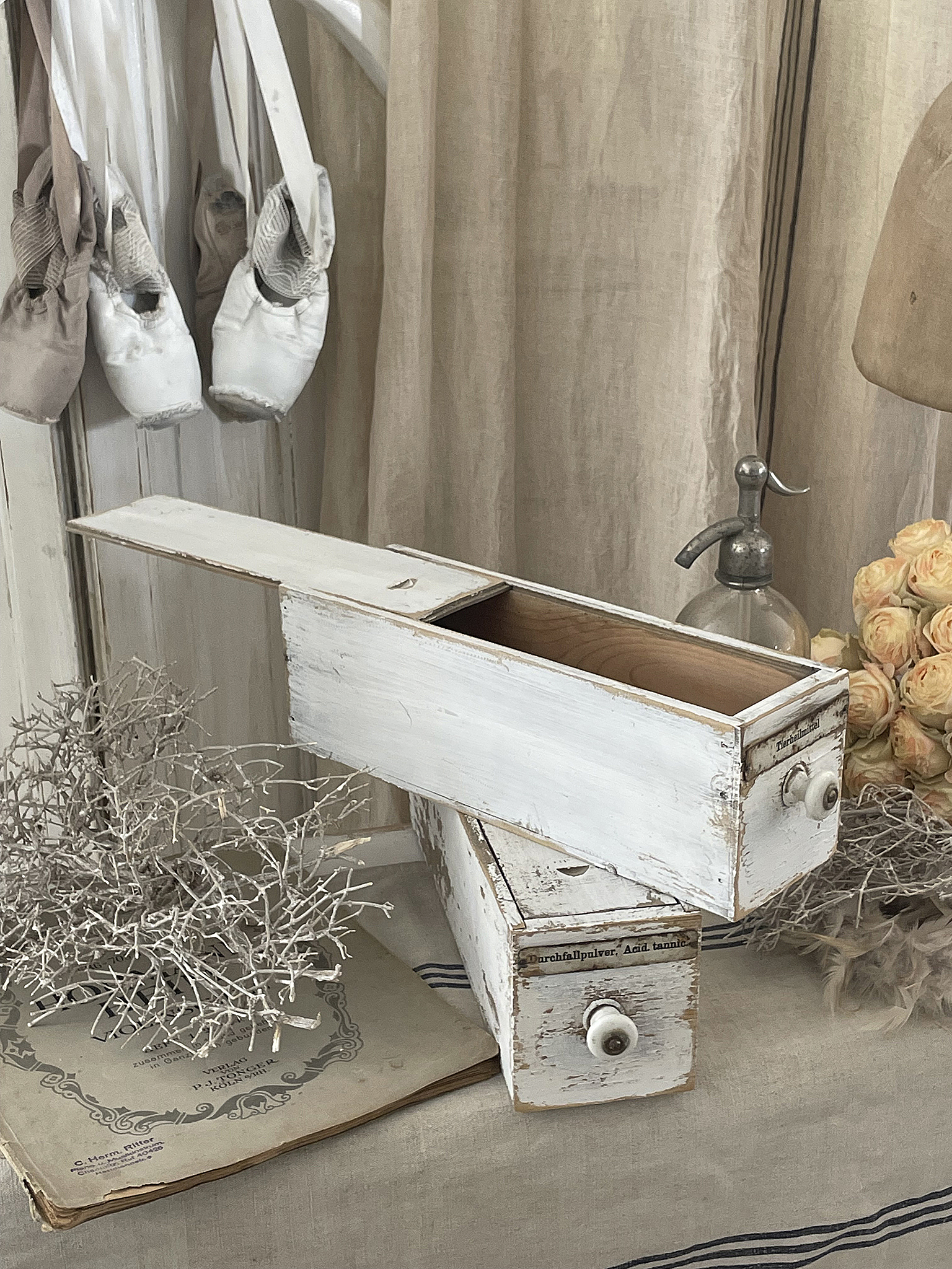 Duo alte Apothekerschubladen mit Schiebedeckel***