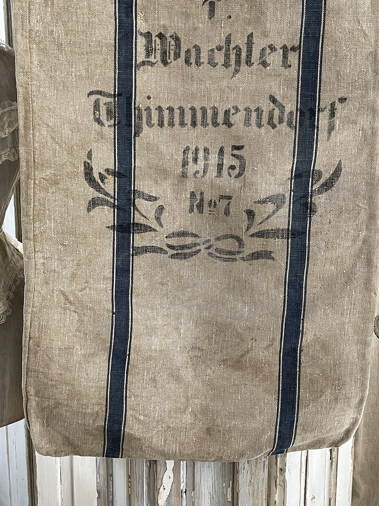 Historischer Leinenbeutel mit der Aufschrift 'Wachler Thimmendorf 1915 Nr. 7'