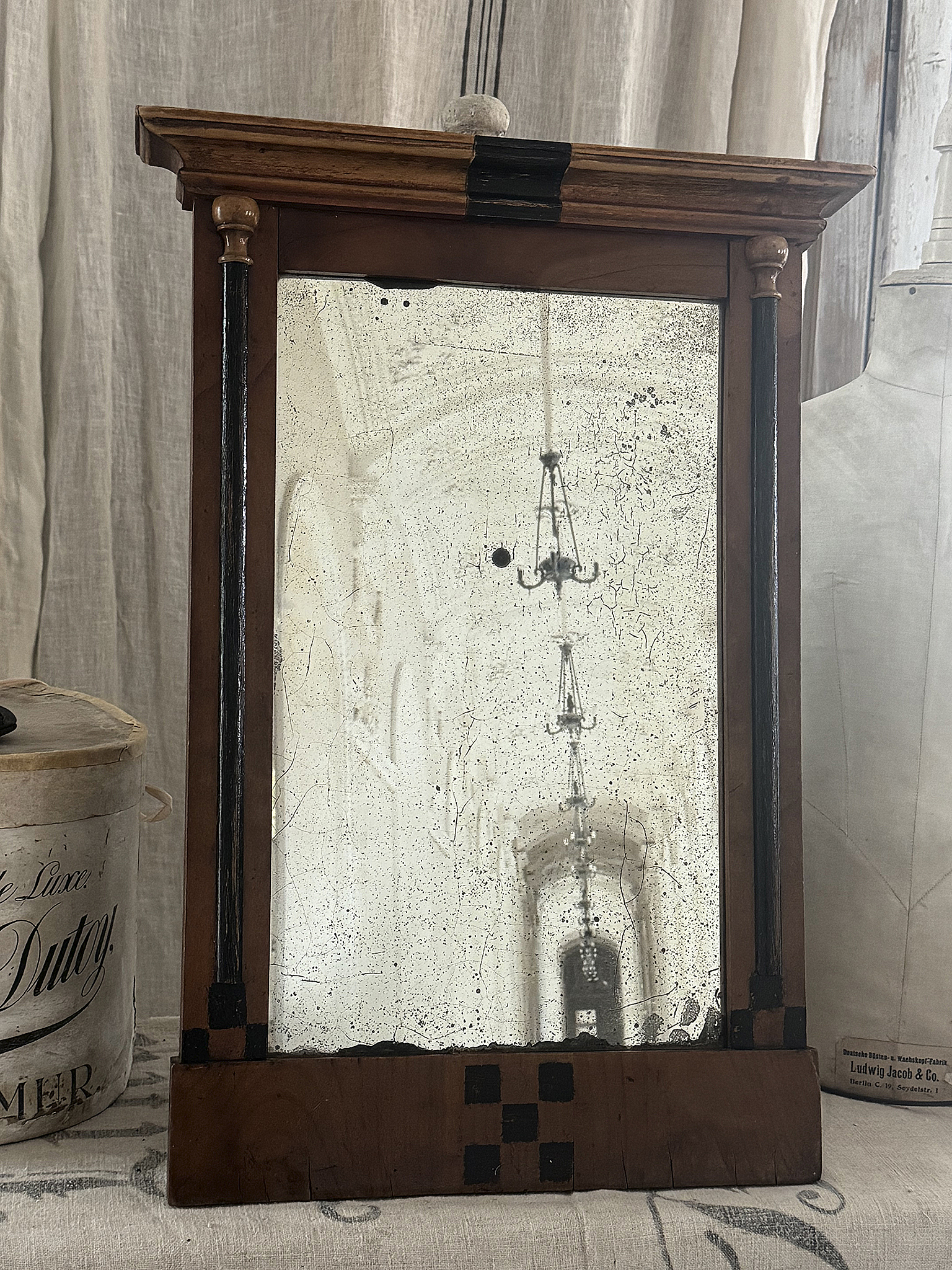 Antiker Holzspiegel mit originaler Spiegelpatina – Jugendstil / frühes Art Déco***