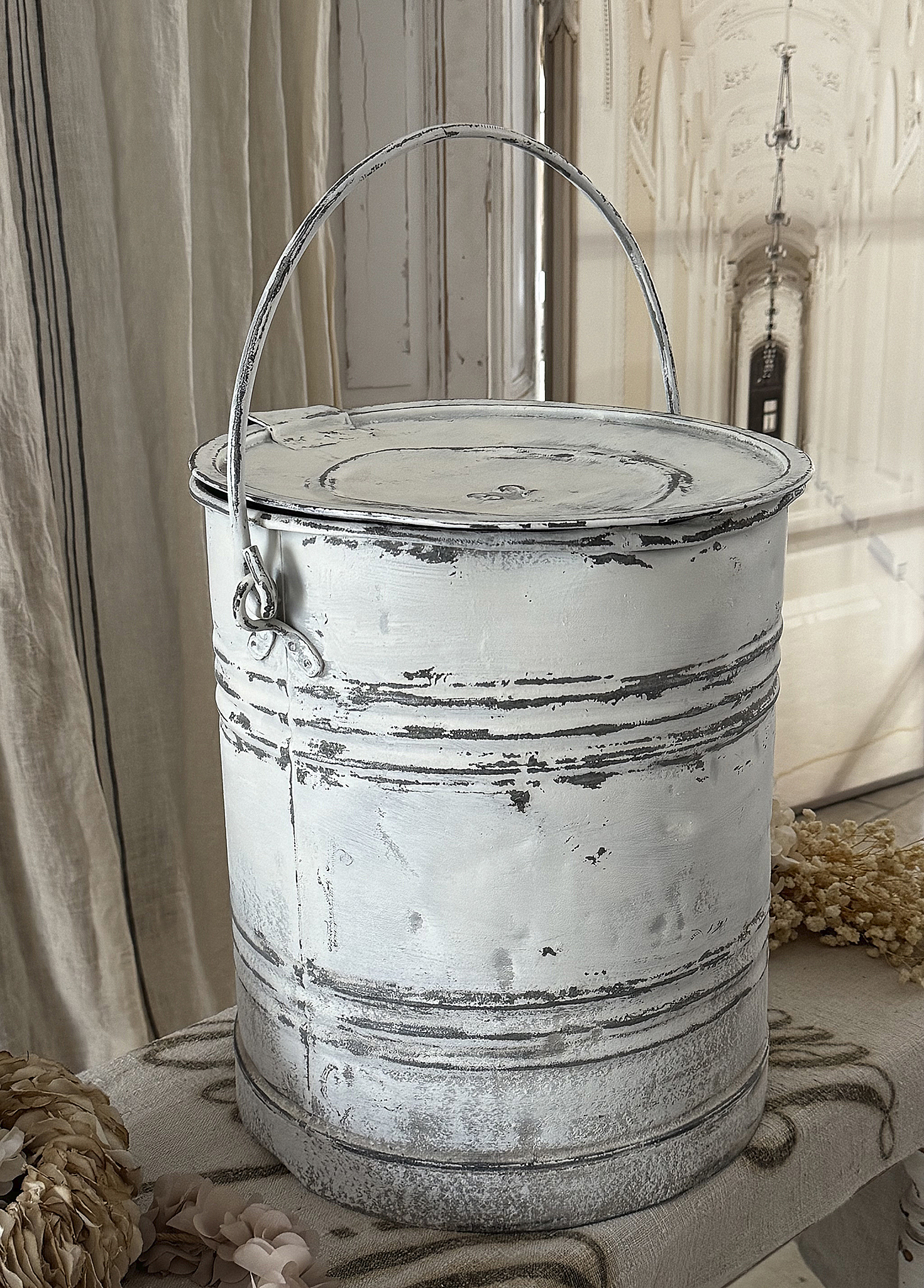 Alter Zinkeimer 32 Liter | Shabby Chic Weiß | Vintage Kohleeimer mit Deckel | Zinktonne***