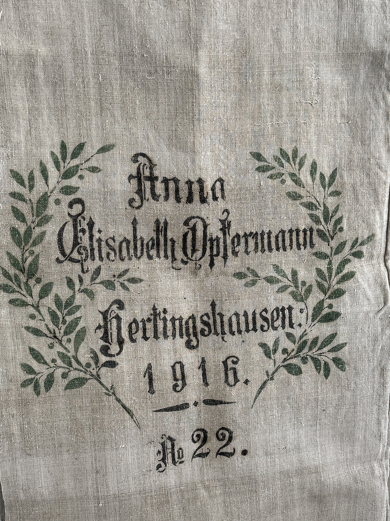Großer antiker Mehlsack von 1916 mit Originaldruck & Lorbeerkranz***