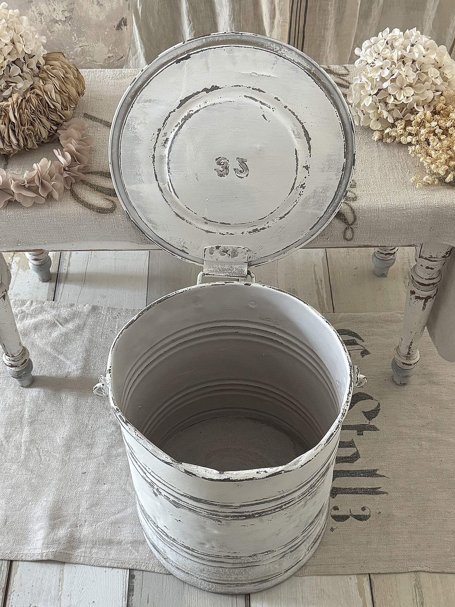 Alter Zinkeimer 32 Liter | Shabby Chic Weiß | Vintage Kohleeimer mit Deckel | Zinktonne***