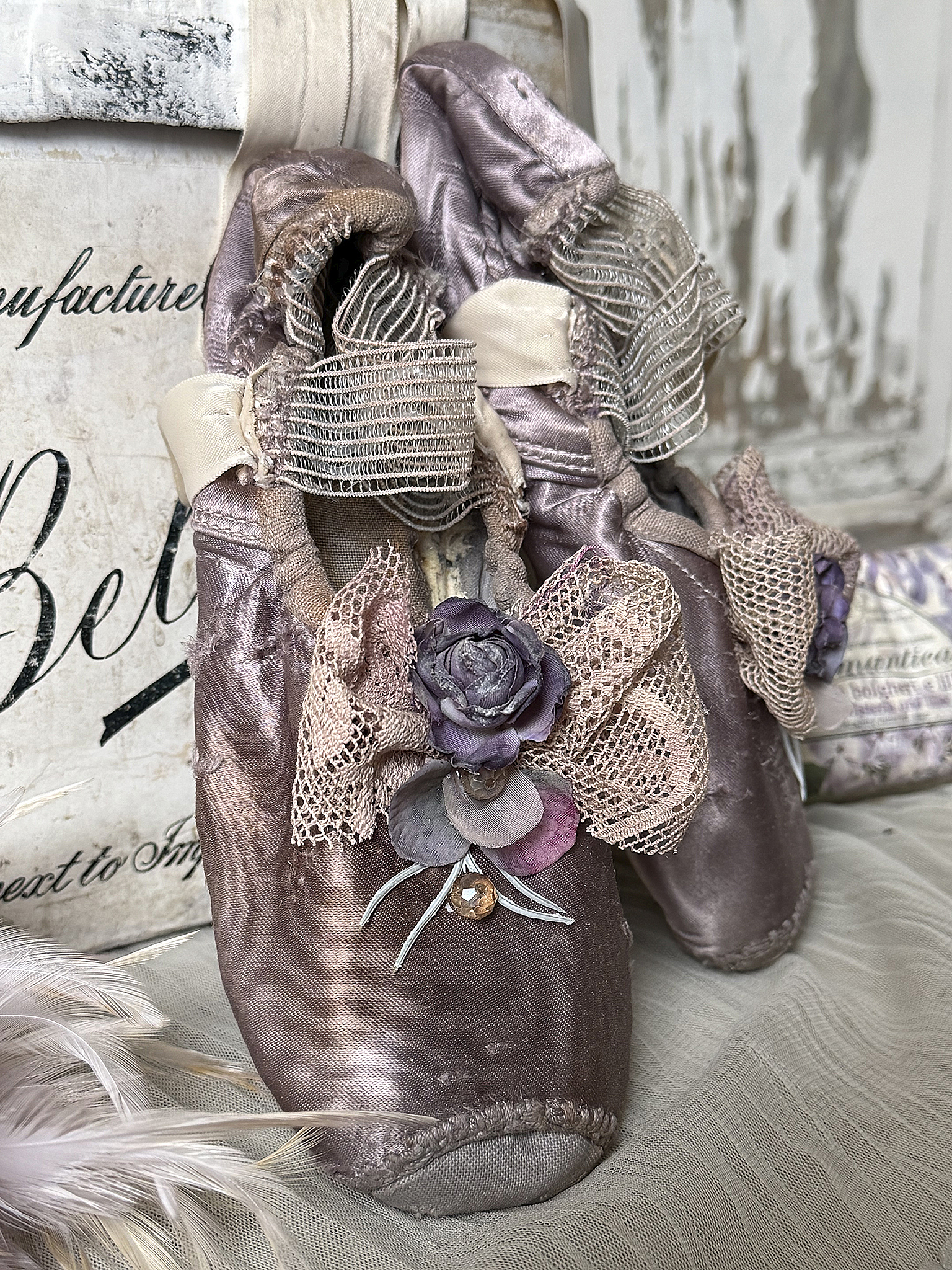 Alte Ballettspitzenschuhe im Malveton- Getanzte Erinnerung 2***