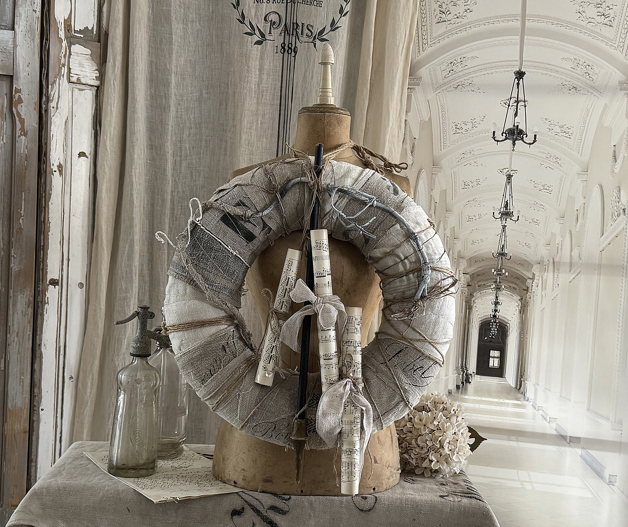 Großer Vintage-Kranz aus altem Leinen – handgefertigte Dekoration mit Charakter***