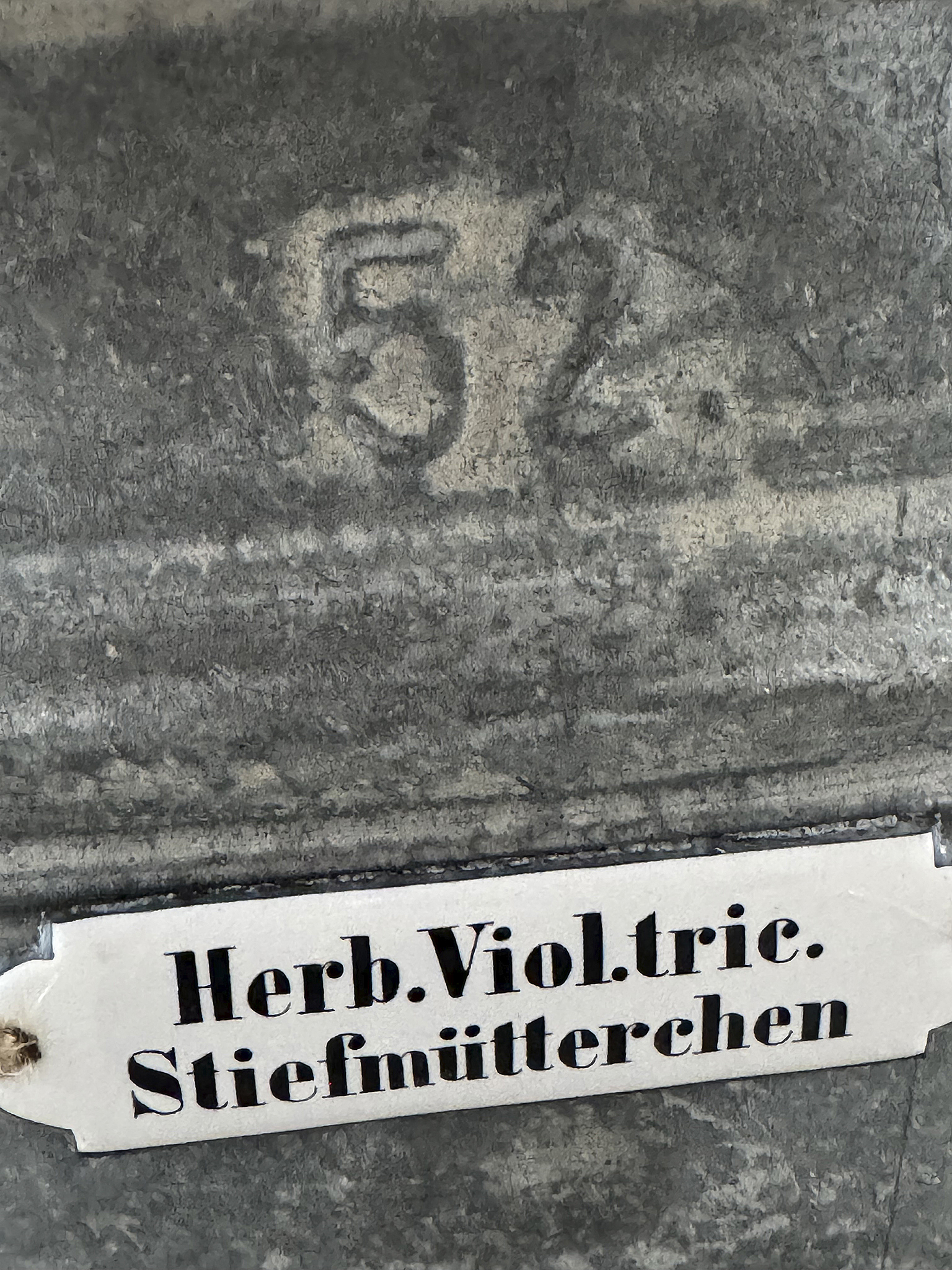 Alte Zinkwanne mit Emaille-Schild Stiefmütterchen ***
