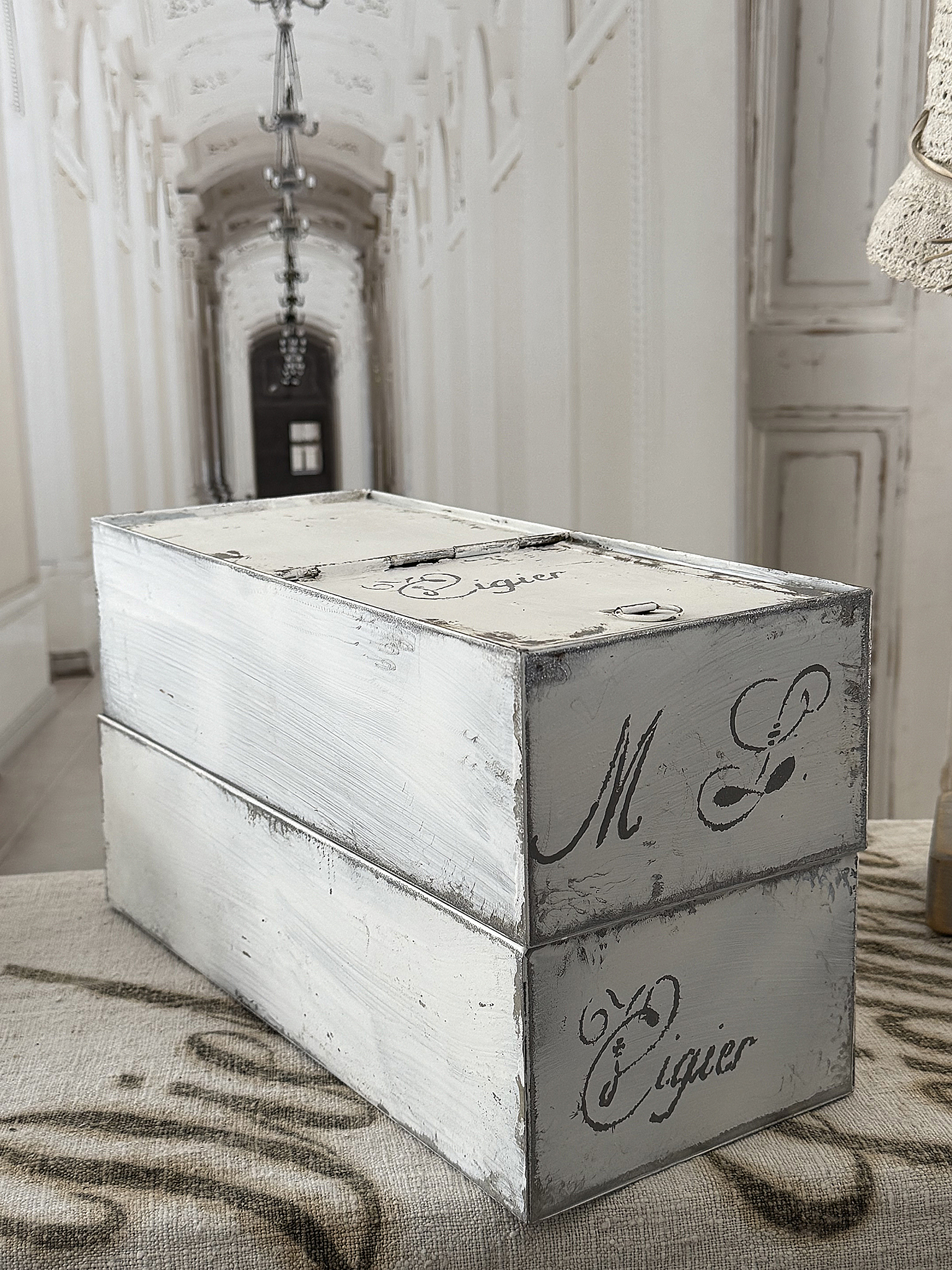 Altes Vintage-Zinkblechkisten-Duo – französischer Shabby Chic***