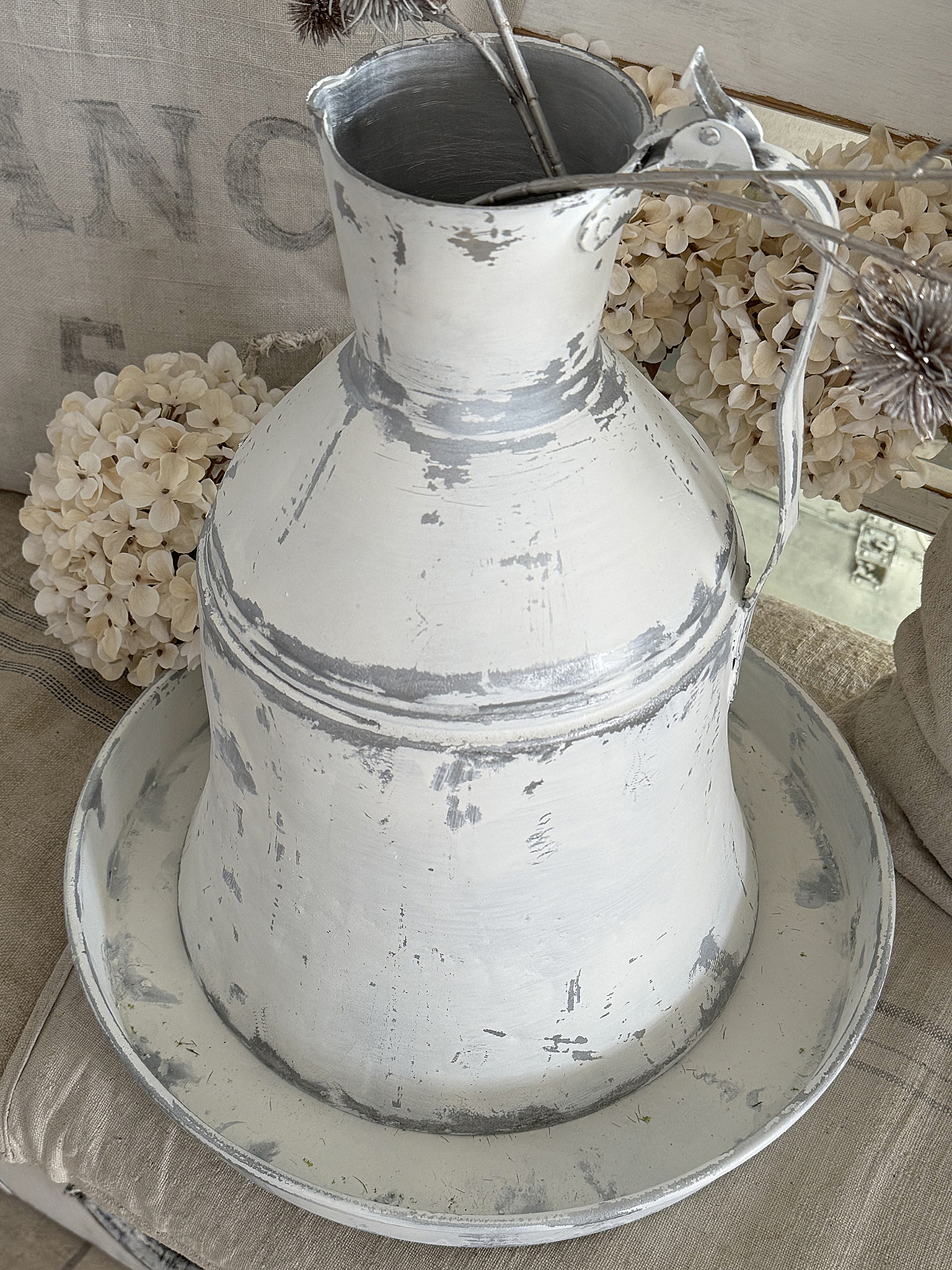 Alte Zinkblechkanne mit Unterschale – ein charmantes Vintage-Duo im Shabbykleid***