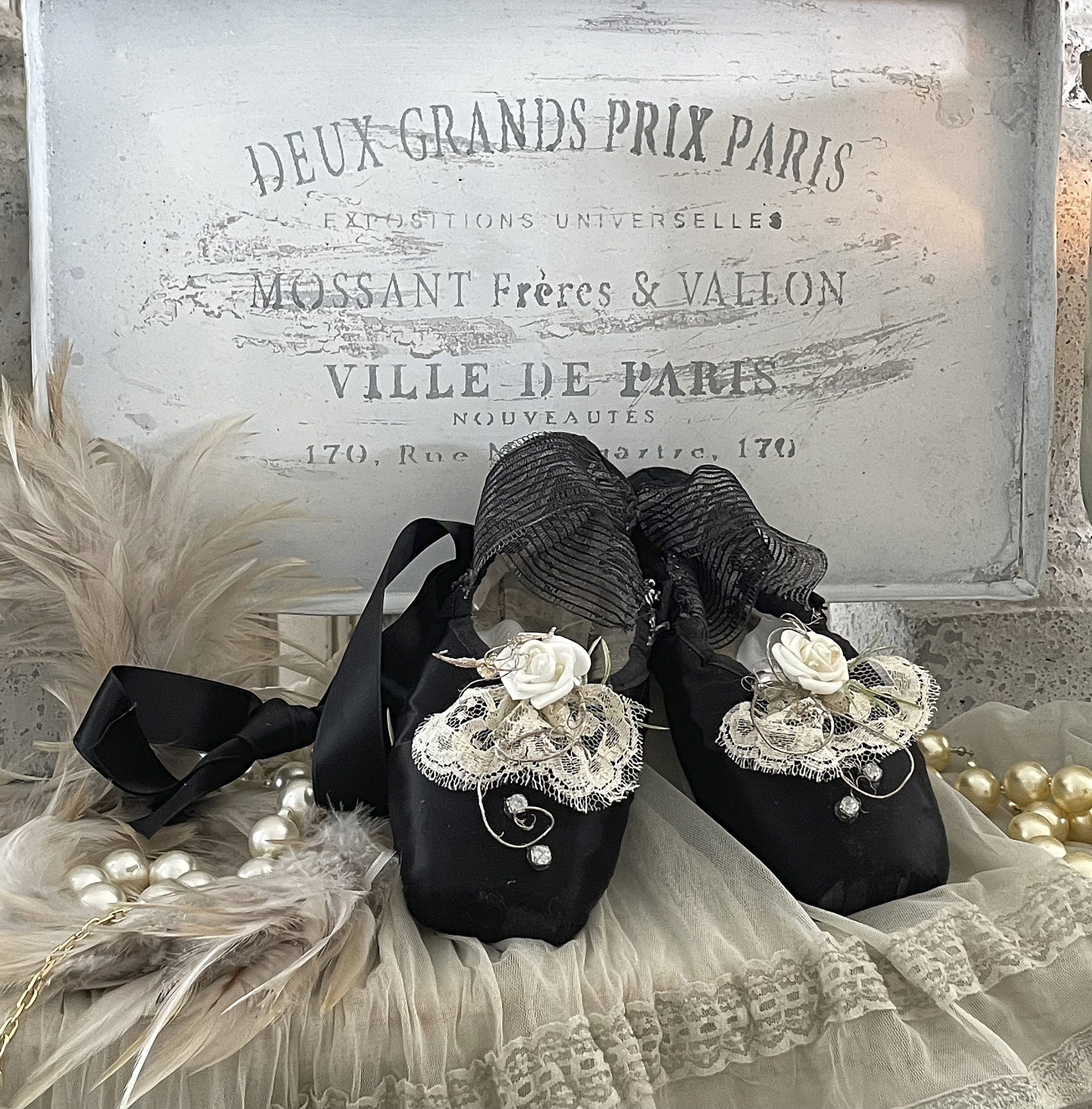 Schwarze Ballettschuhe mit dekorativen Elementen und Blumen, auf einem weichen Hintergrund
